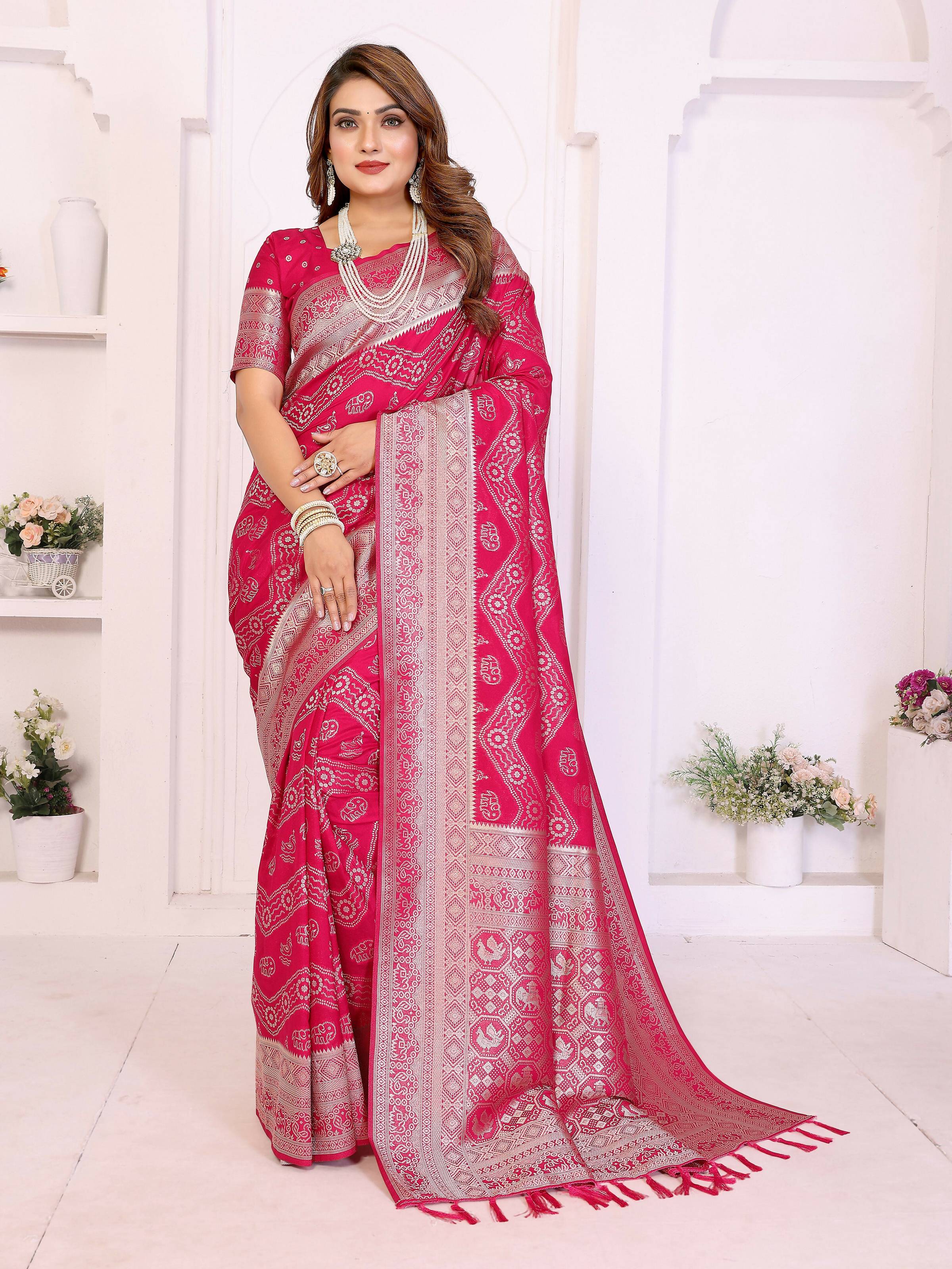 Aastha Fashion Magenta Georgette Silk Leheriya With Elegant Zari Weaving Saree