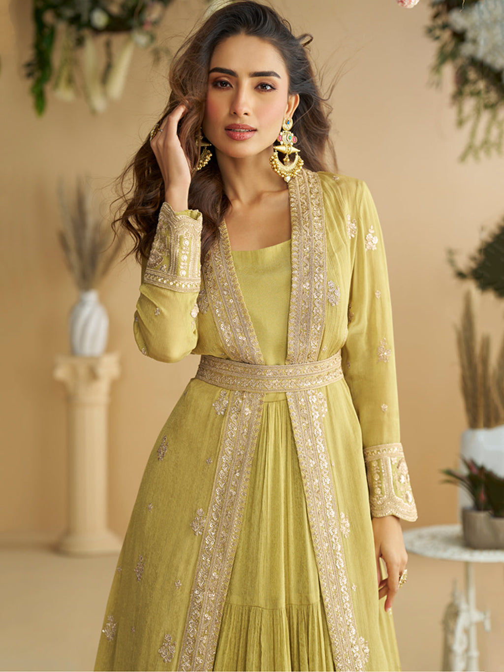Evanik Perrot Chinon Silk With Embroidered Work Gown With Shrug & Belt