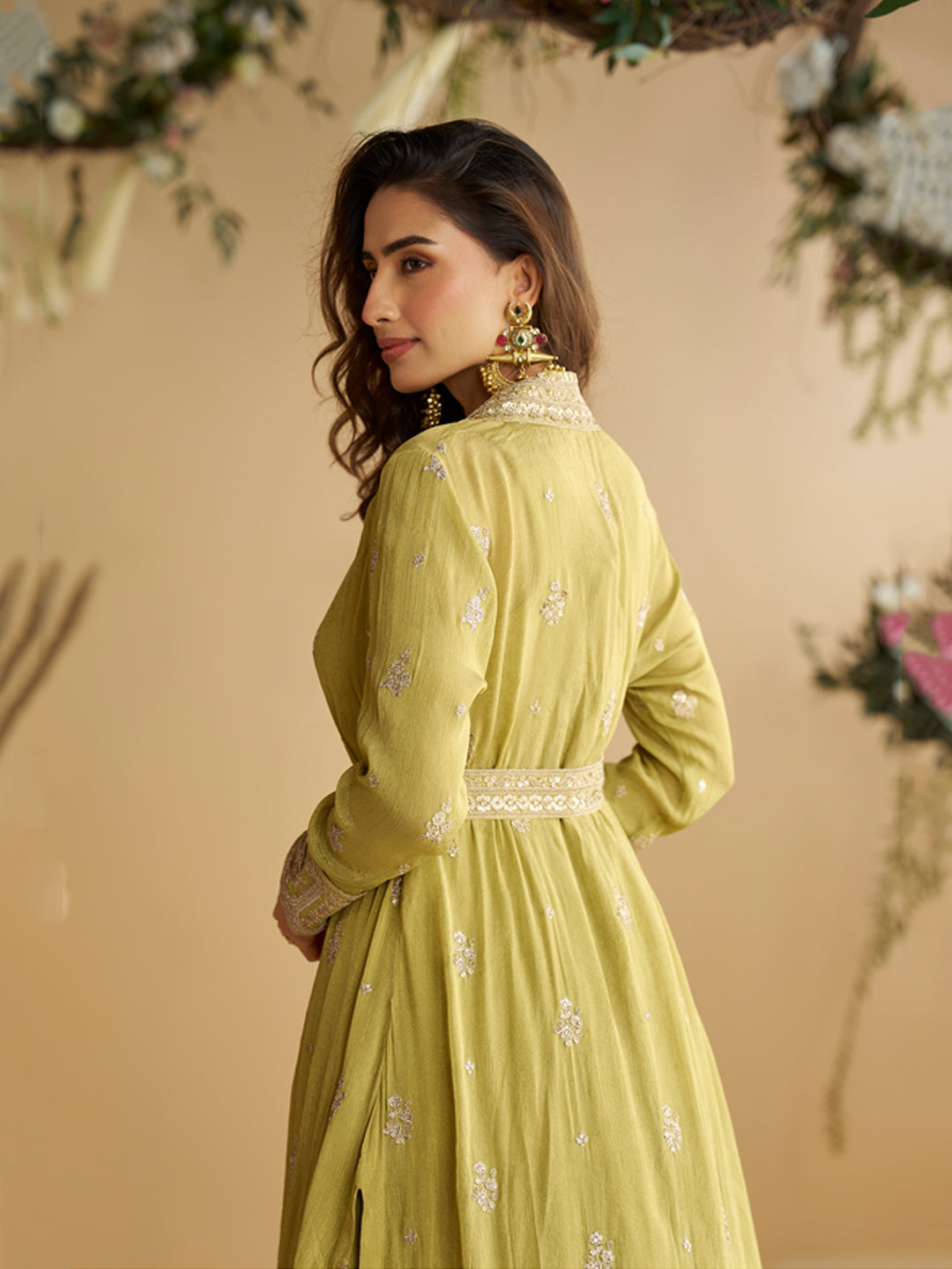 Evanik Perrot Chinon Silk With Embroidered Work Gown With Shrug & Belt
