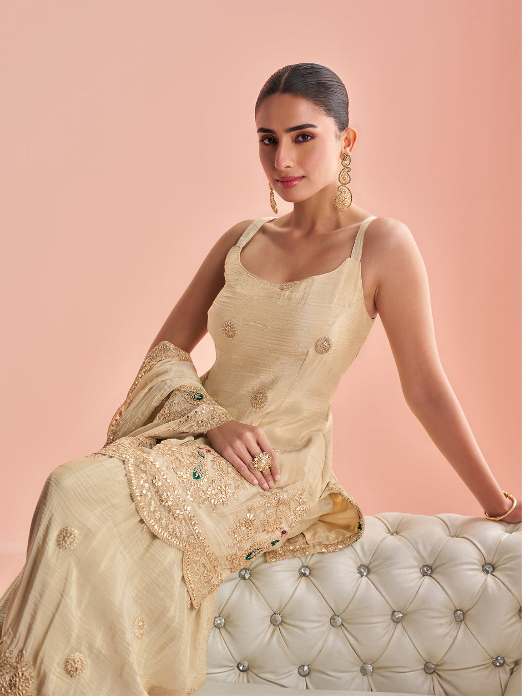 Evanik Cream Cosmos with Coding Sequence With thread Work Palazzo Set