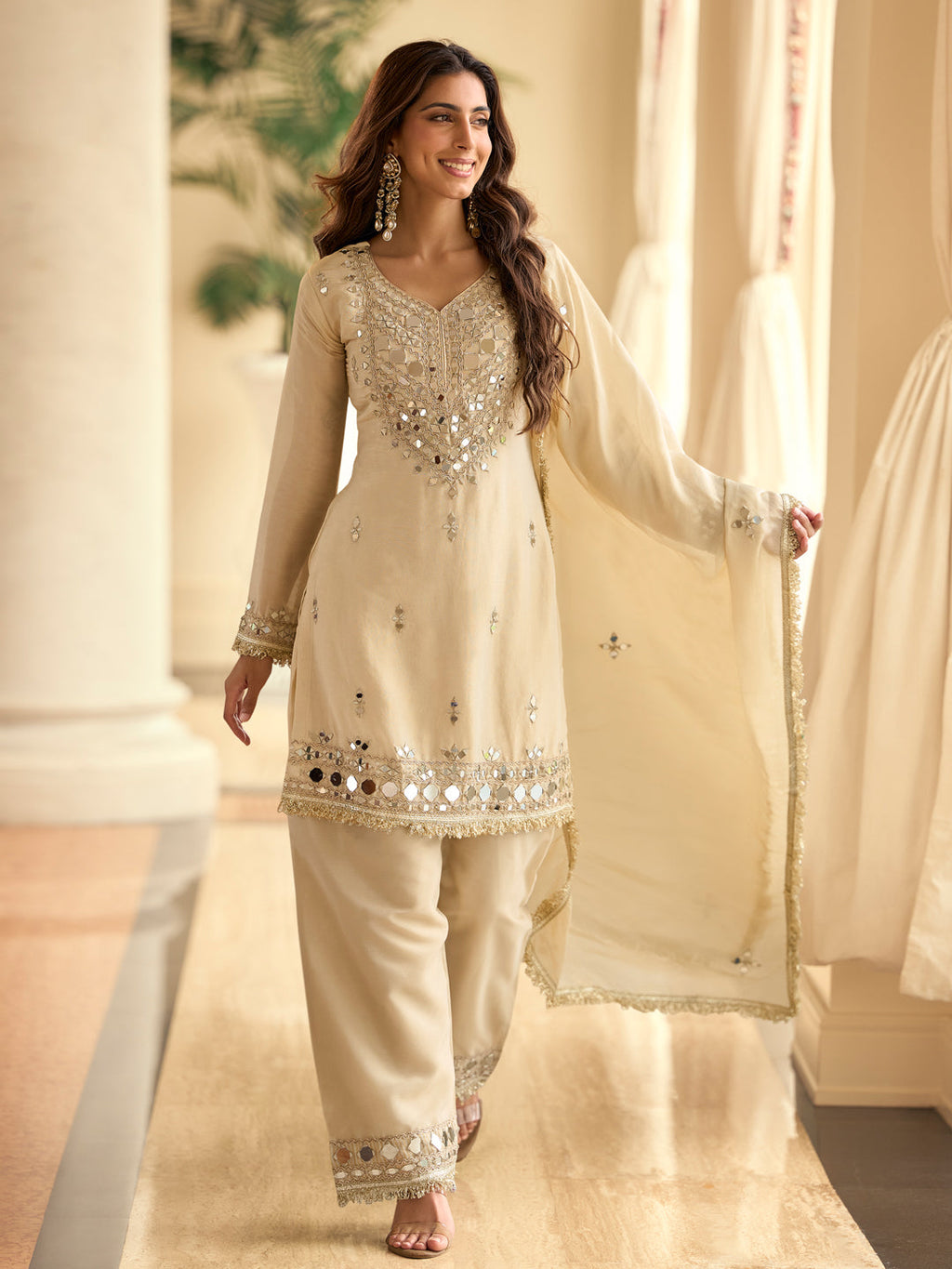 Evanik Cream Silk Blend Mirror Embroidery Work Kurti Palazzo Set With Dupatta