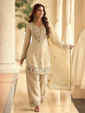 Evanik Cream Silk Blend Mirror Embroidery Work Kurti Palazzo Set With Dupatta