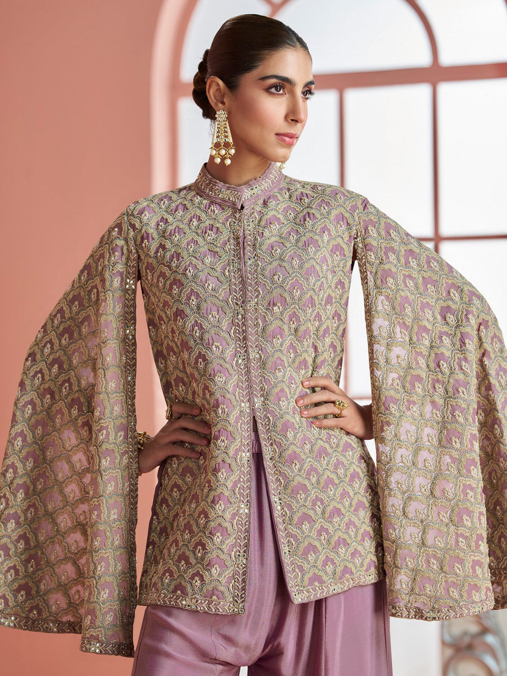 Evanik Women Mauve & Gold Printed Cape Style Kurta With Flared Palazzo Pants