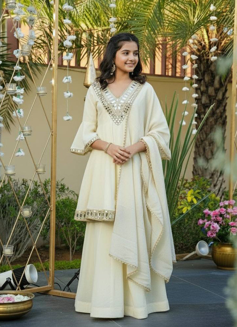 Evanik Beige Heavy Cosmos Zari Silk Real Mirror Work Kids Sharara Set