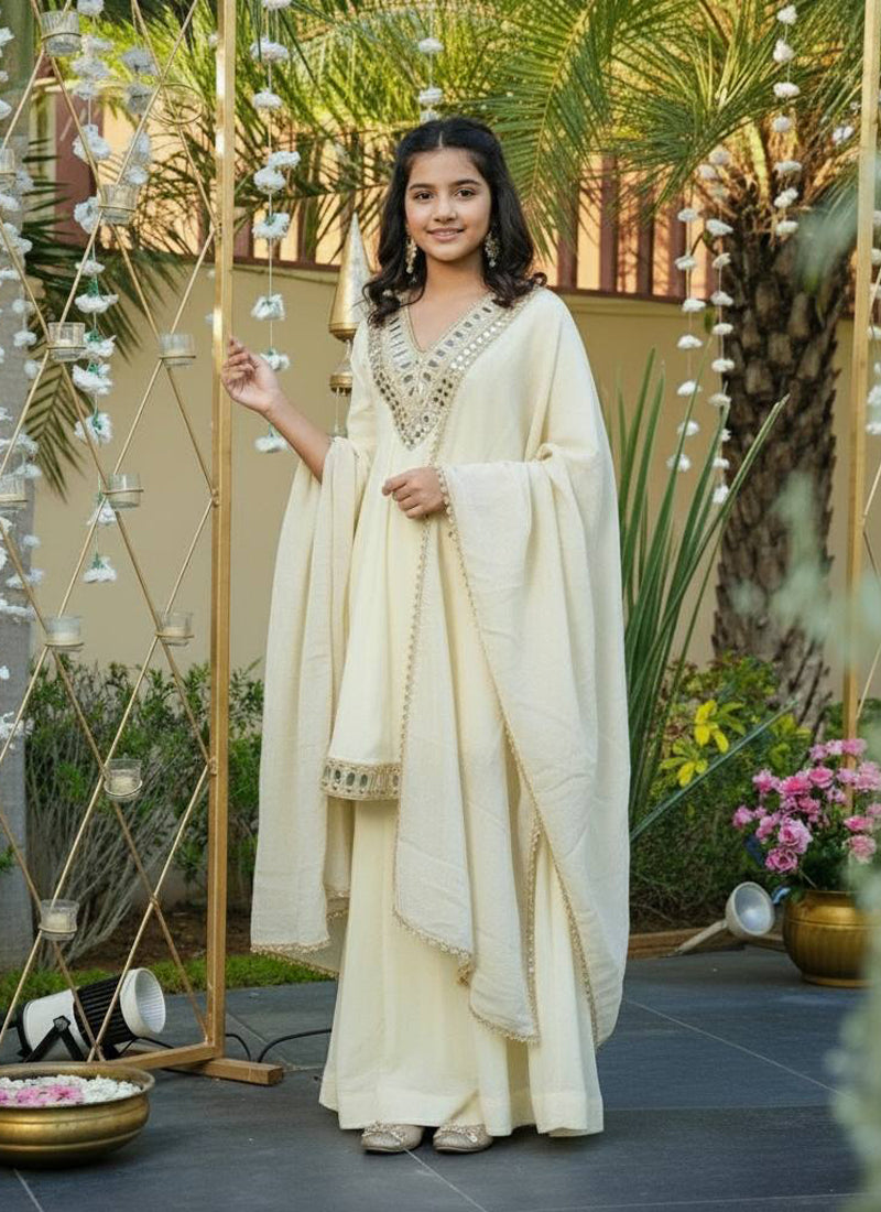 Evanik Beige Heavy Cosmos Zari Silk Real Mirror Work Kids Sharara Set