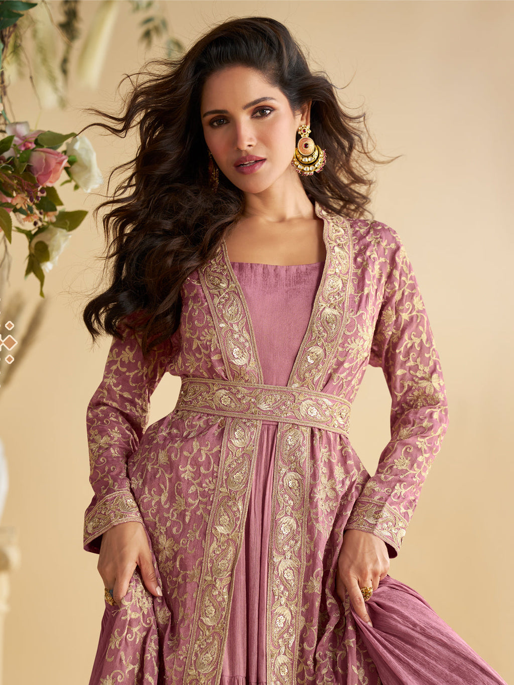 Evanik Pink Chinon Silk With Embroidered Work Gown With Shrug & Belt