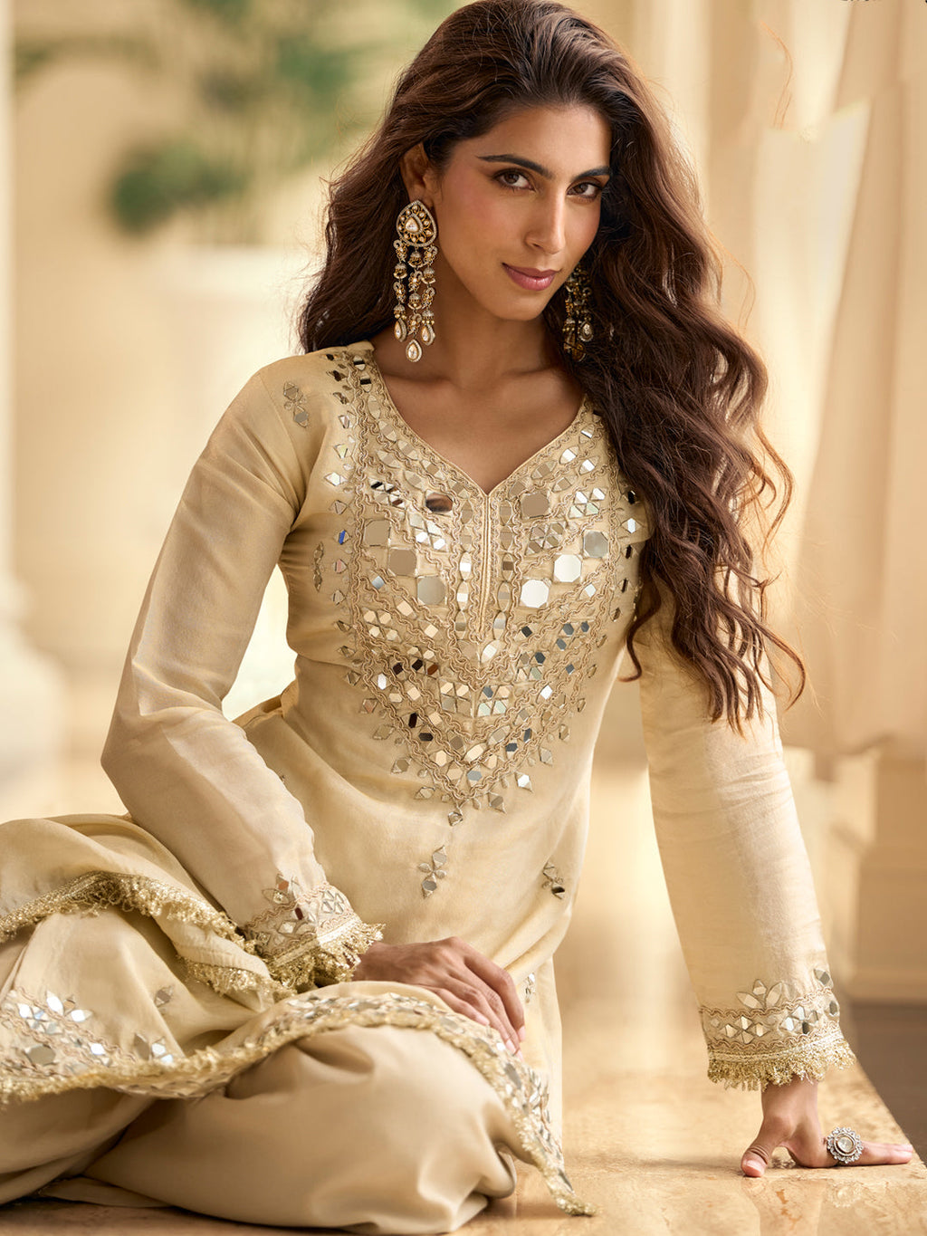 Evanik Cream Silk Blend Mirror Embroidery Work Kurti Palazzo Set With Dupatta