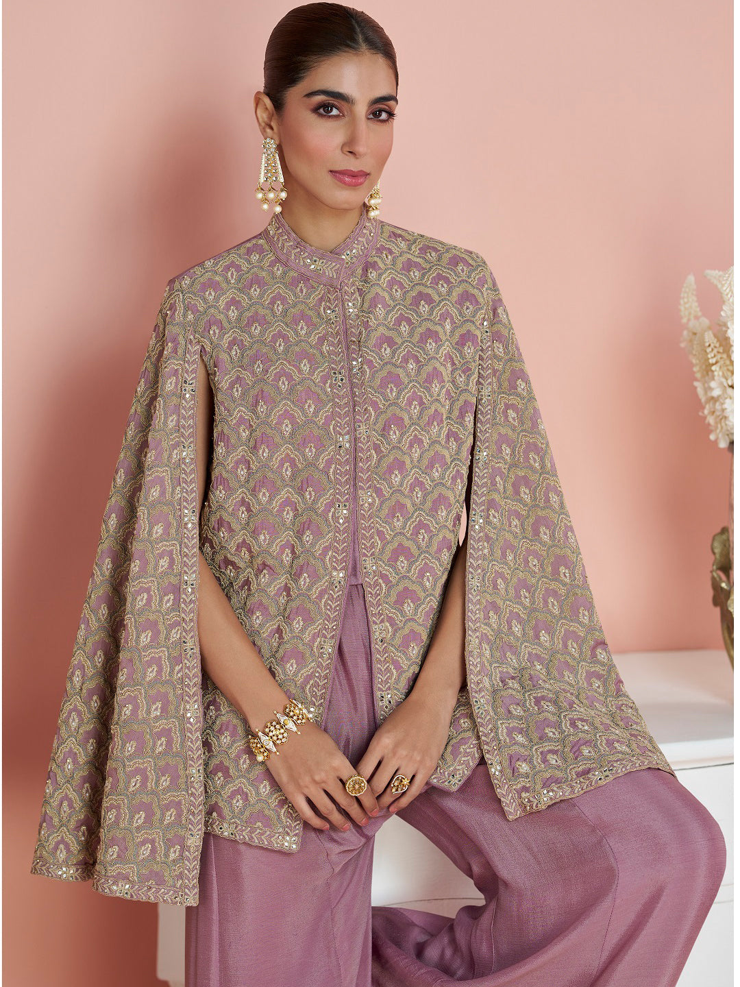 Evanik Women Mauve & Gold Printed Cape Style Kurta With Flared Palazzo Pants