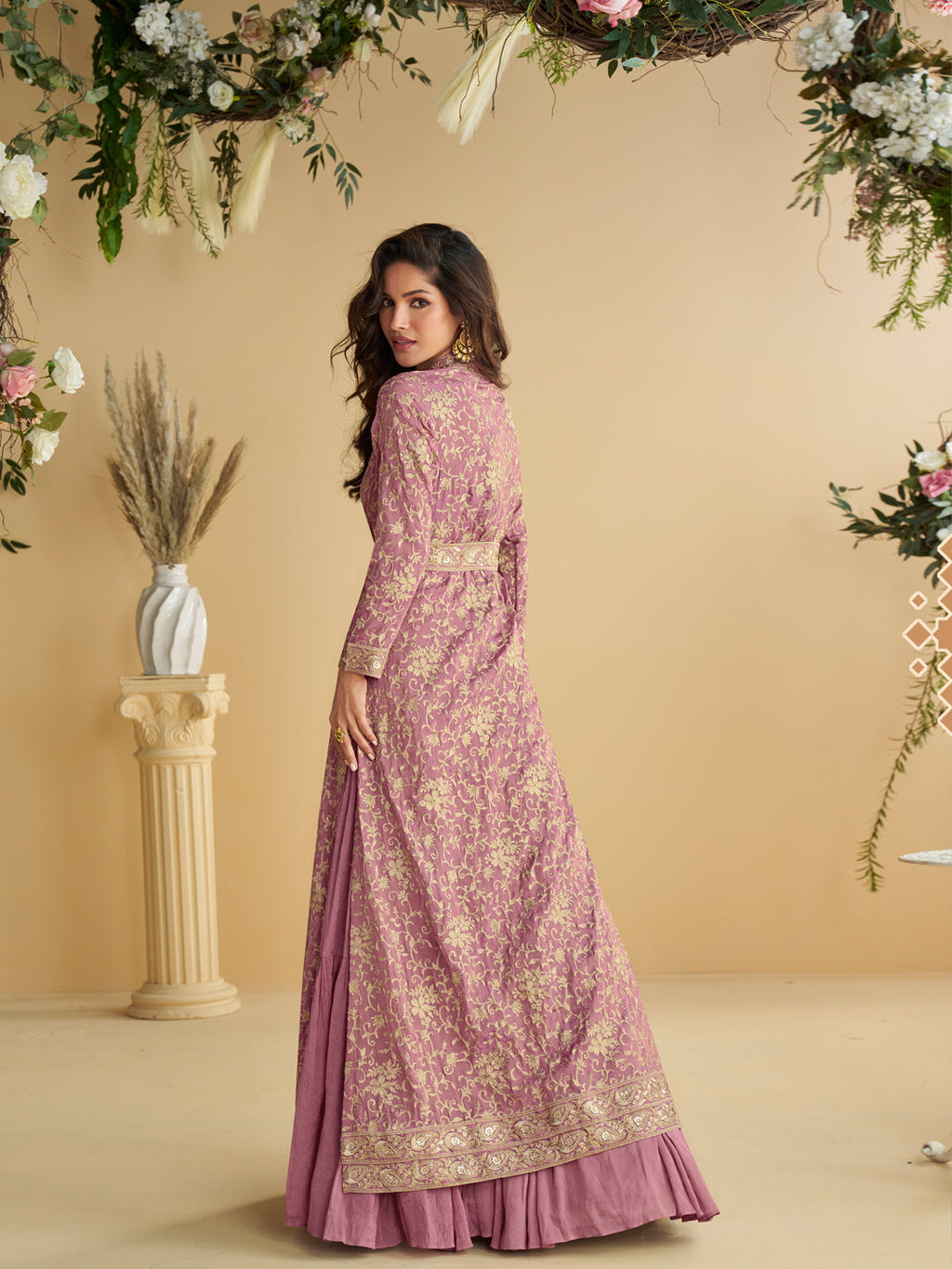 Evanik Pink Chinon Silk With Embroidered Work Gown With Shrug & Belt