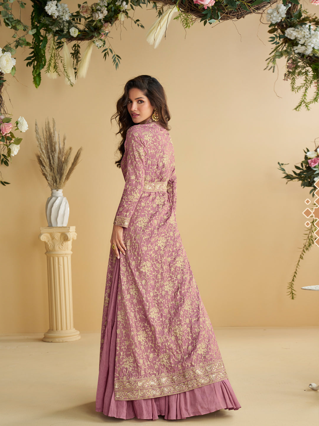 Evanik Pink Chinon Silk With Embroidered Work Gown With Shrug & Belt