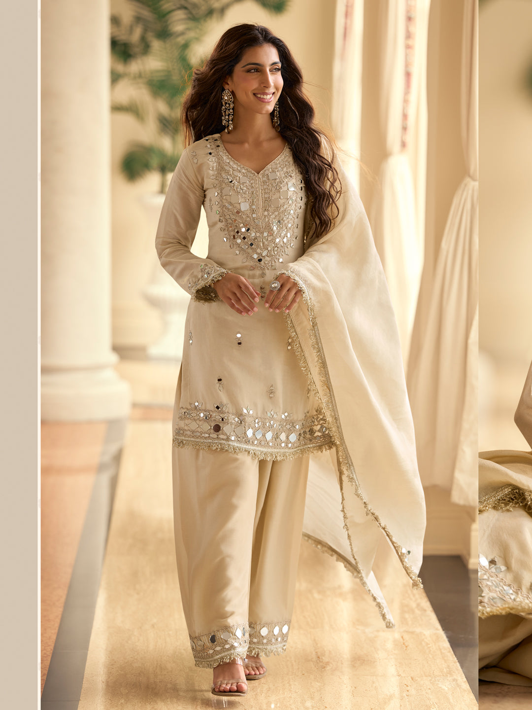 Evanik Cream Silk Blend Mirror Embroidery Work Kurti Palazzo Set With Dupatta