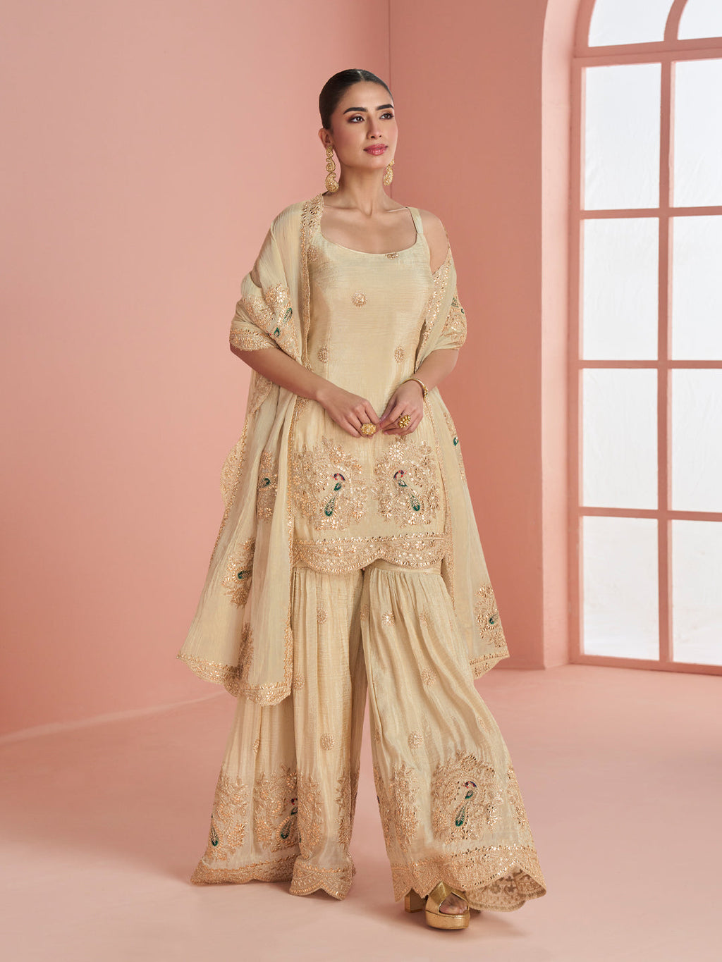 Evanik Cream Cosmos with Coding Sequence With thread Work Palazzo Set