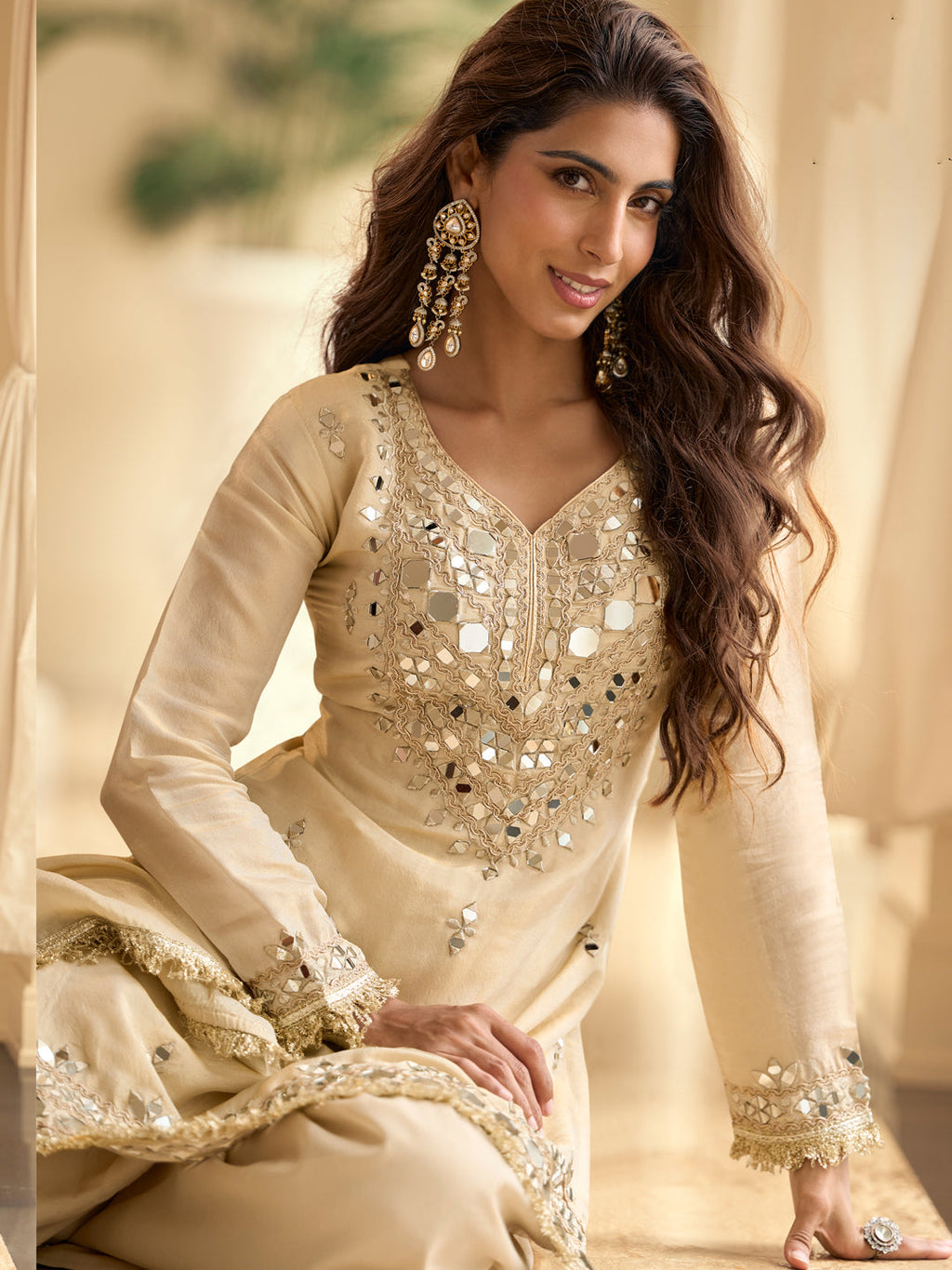 Evanik Cream Silk Blend Mirror Embroidery Work Kurti Palazzo Set With Dupatta