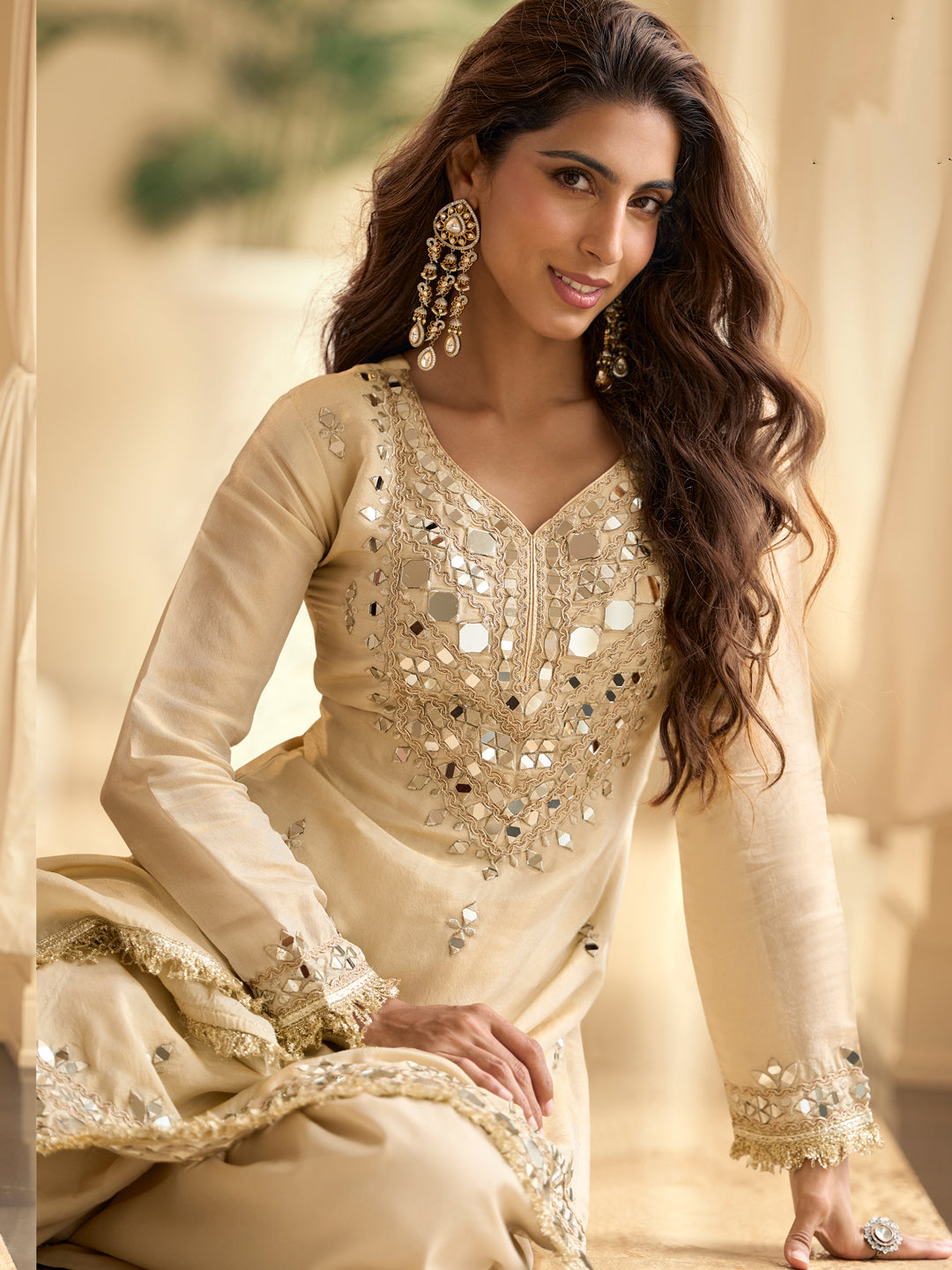 Evanik Cream Silk Blend Mirror Embroidery Work Kurti Palazzo Set With Dupatta