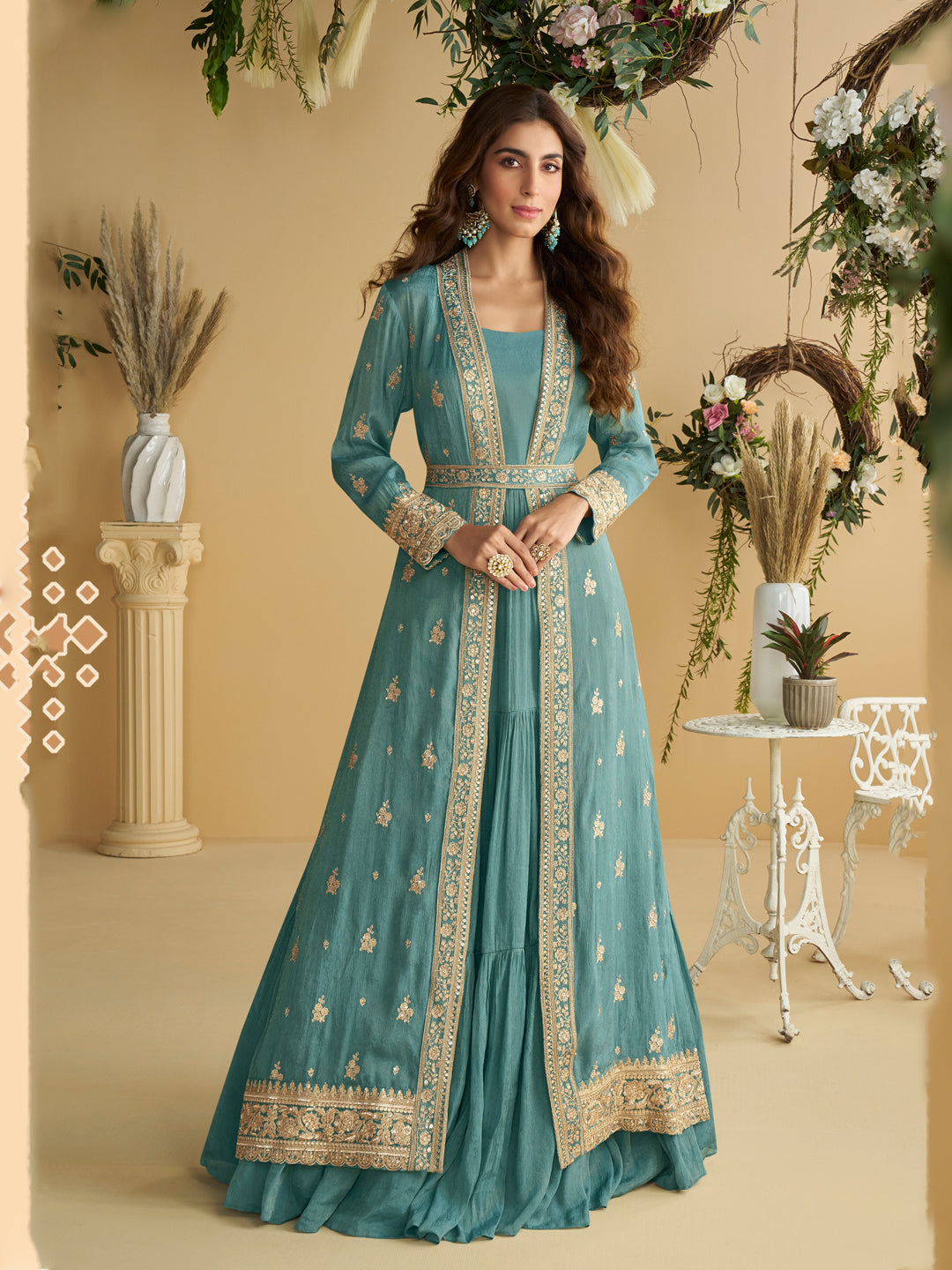 Evanik Teal Chinon Silk With Embroidered Work Gown With Shrug & Belt