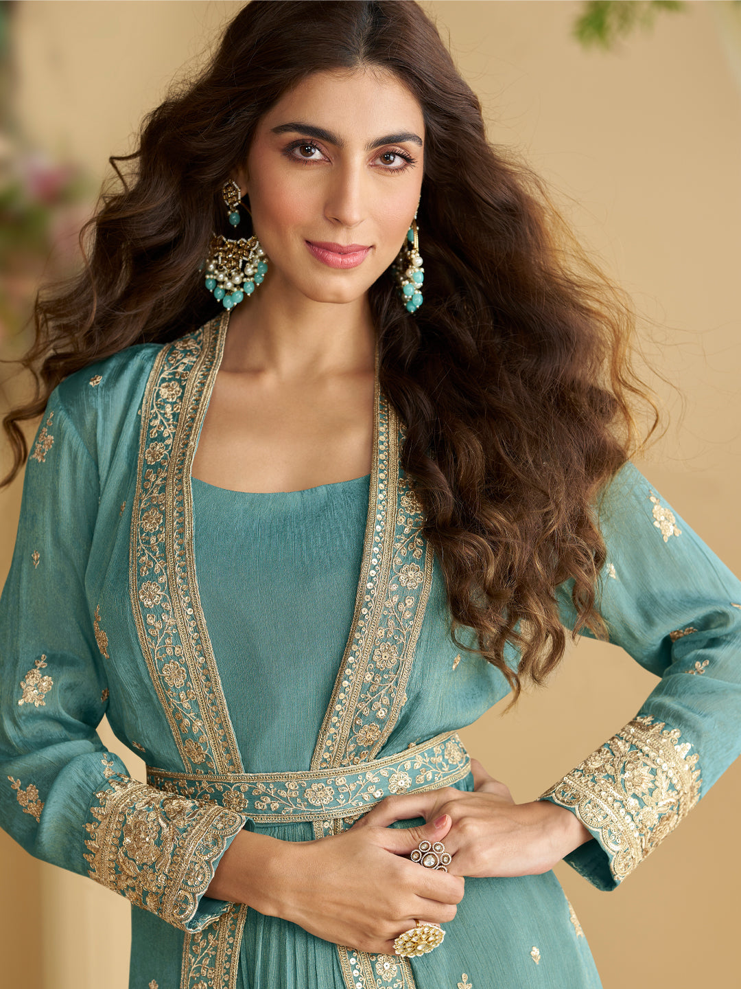 Evanik Teal Chinon Silk With Embroidered Work Gown With Shrug & Belt
