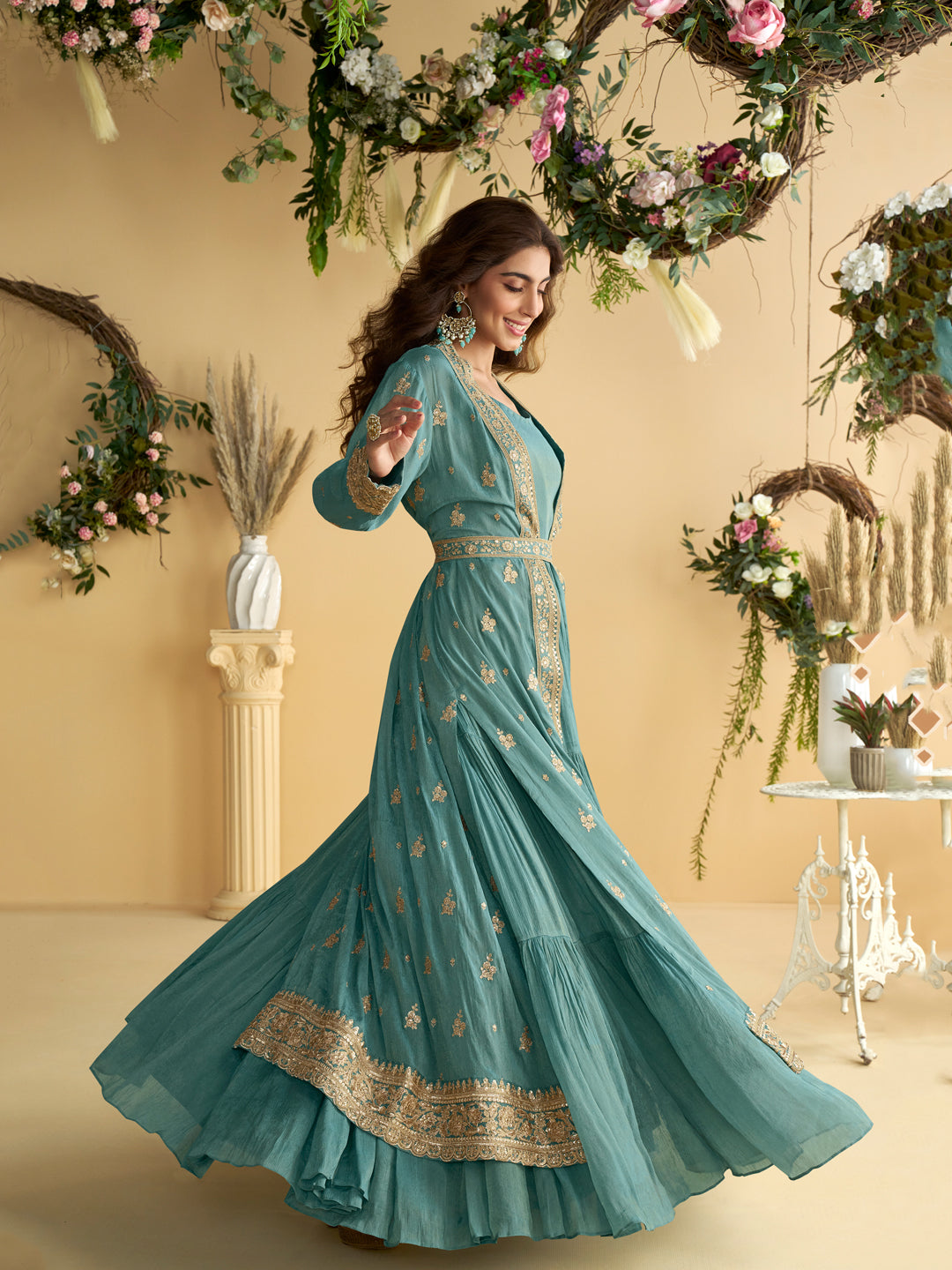 Evanik Teal Chinon Silk With Embroidered Work Gown With Shrug & Belt