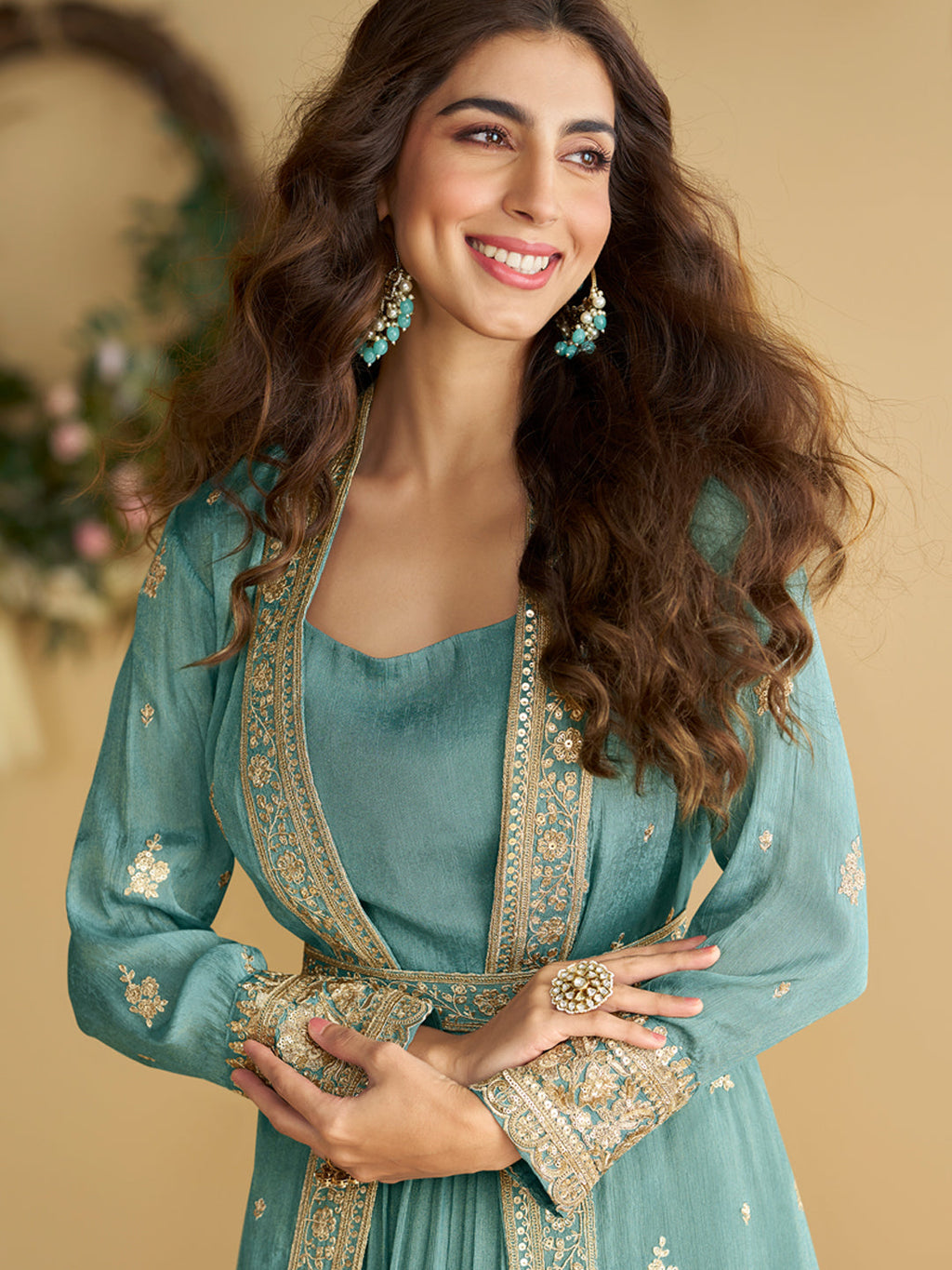 Evanik Teal Chinon Silk With Embroidered Work Gown With Shrug & Belt