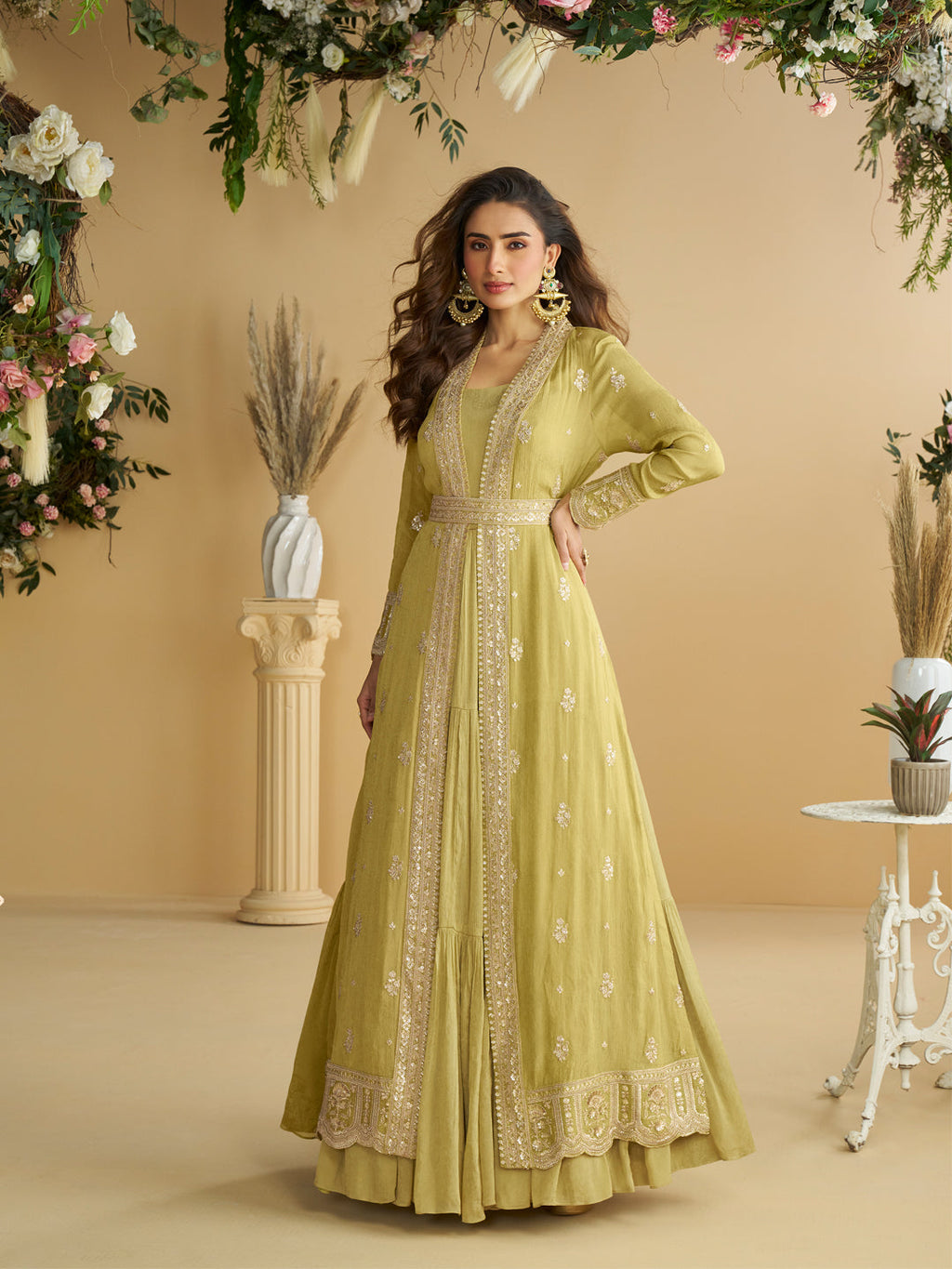 Evanik Perrot Chinon Silk With Embroidered Work Gown With Shrug & Belt