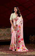 Vastranavya Peach Satin Silk Floral Printed with Pearl Lace Saree with Unstitched Blouse