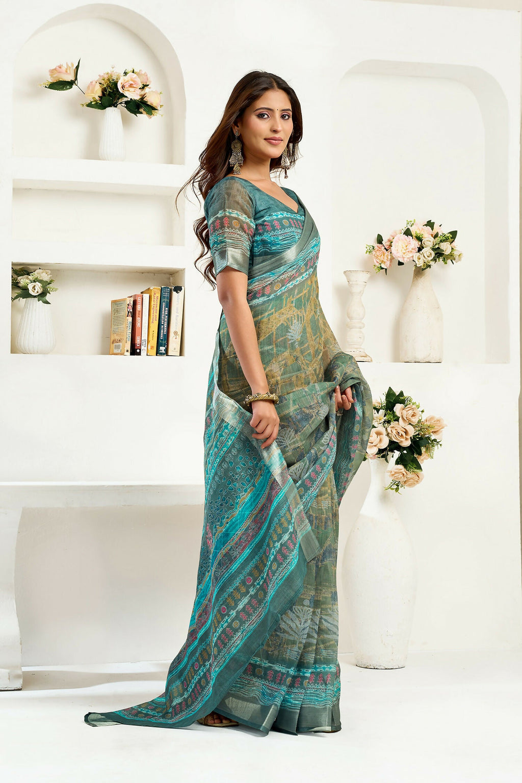 Joban Fashion Petrol Ethinic Motifs Linen Ready To Wear Saree With Unstitched Blouse