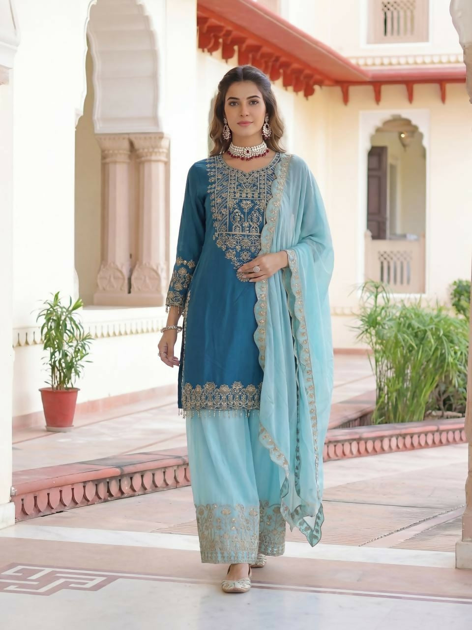 Joban Fashion Blue Silk Embroidered Sharara Set