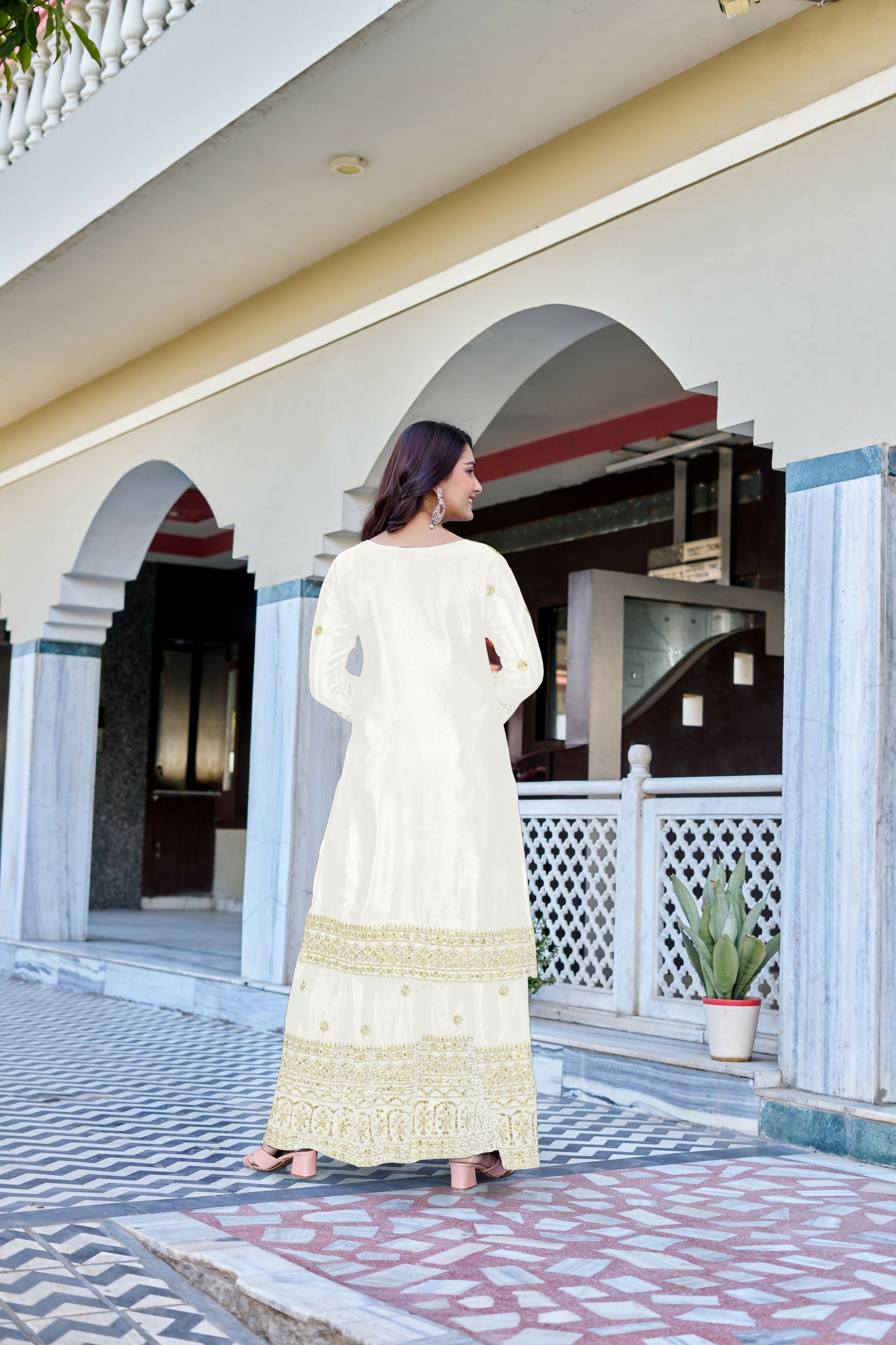 Teeya Creation White Color Chinon Silk Heavy Embroidery Work Wedding Wear Sharara