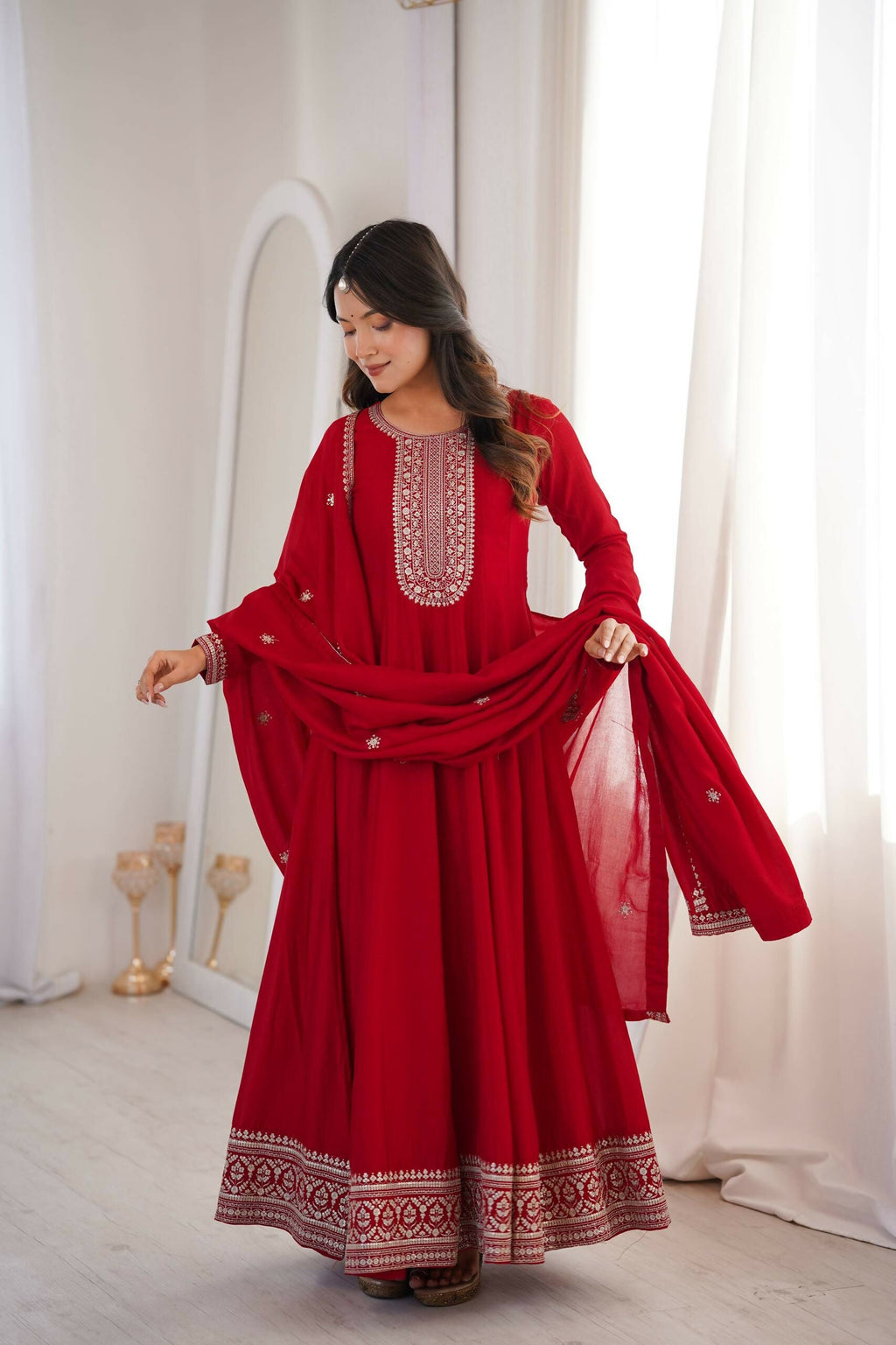 Teeya Creation Maroon Color Vichitra Silk Embroidery Work Party Wear Long Gown
