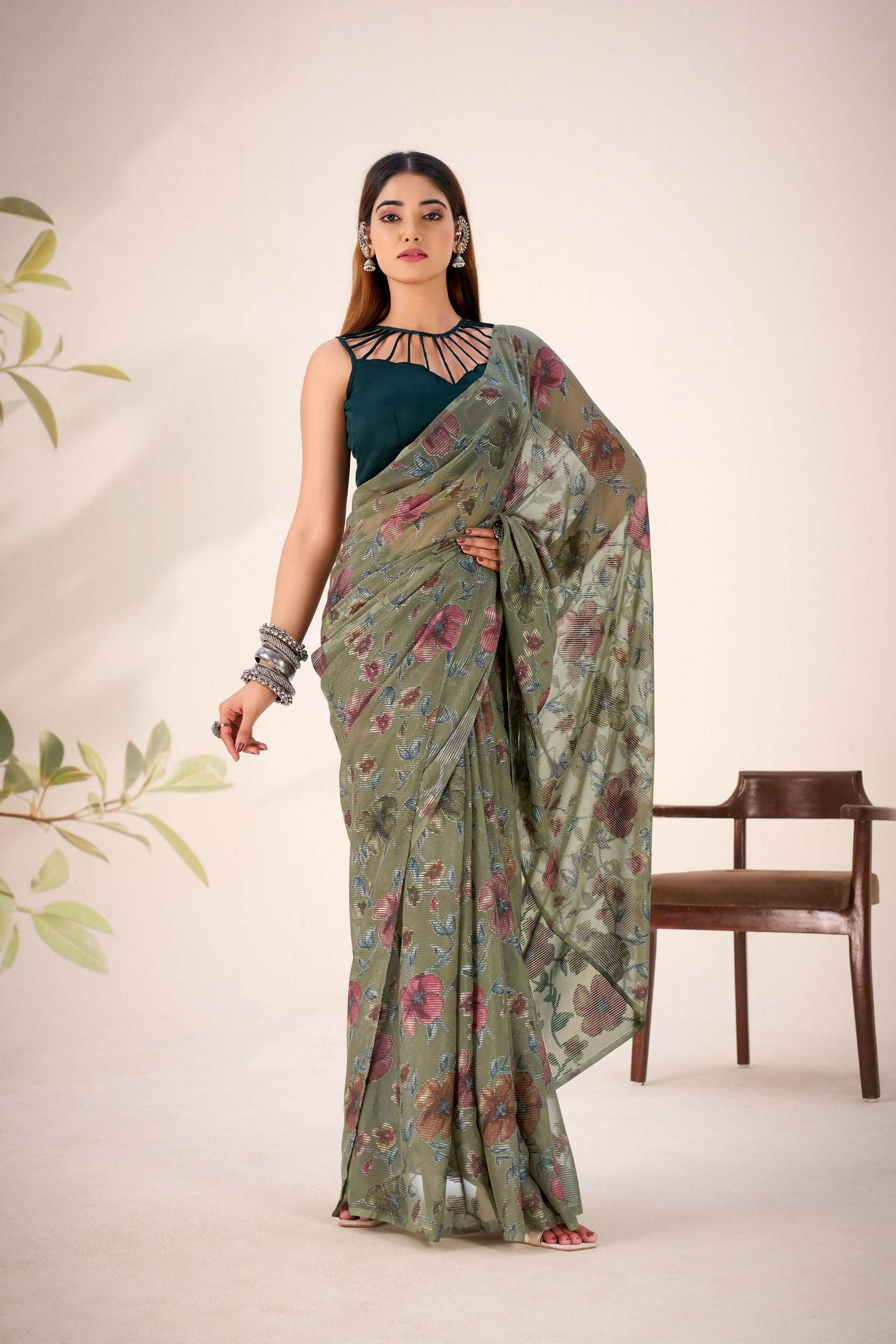 Vastranavya Mehendi Lurex Brasso Floral Printed Saree with Unstitched Blouse
