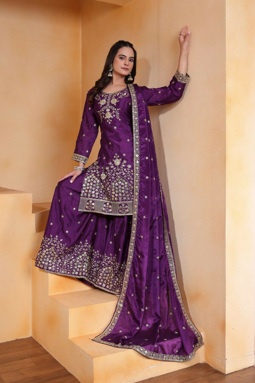 Teeya Creation Purple Chinon Embroidery Work Party Wear Palazzo Suit