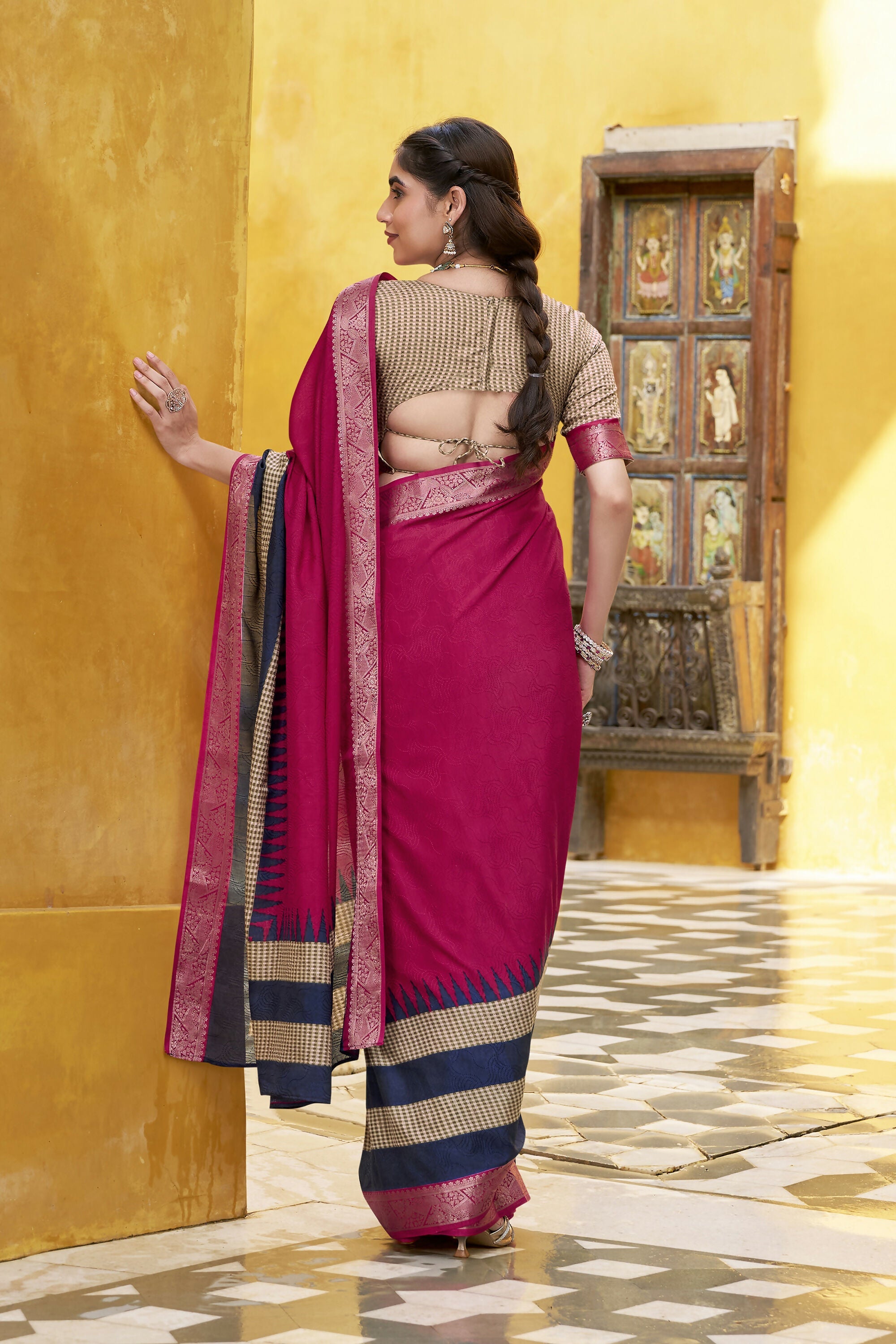 Vastranavya Pink Printed with Zari Weaving Work Poly Cotton Saree & Unstitched Blouse