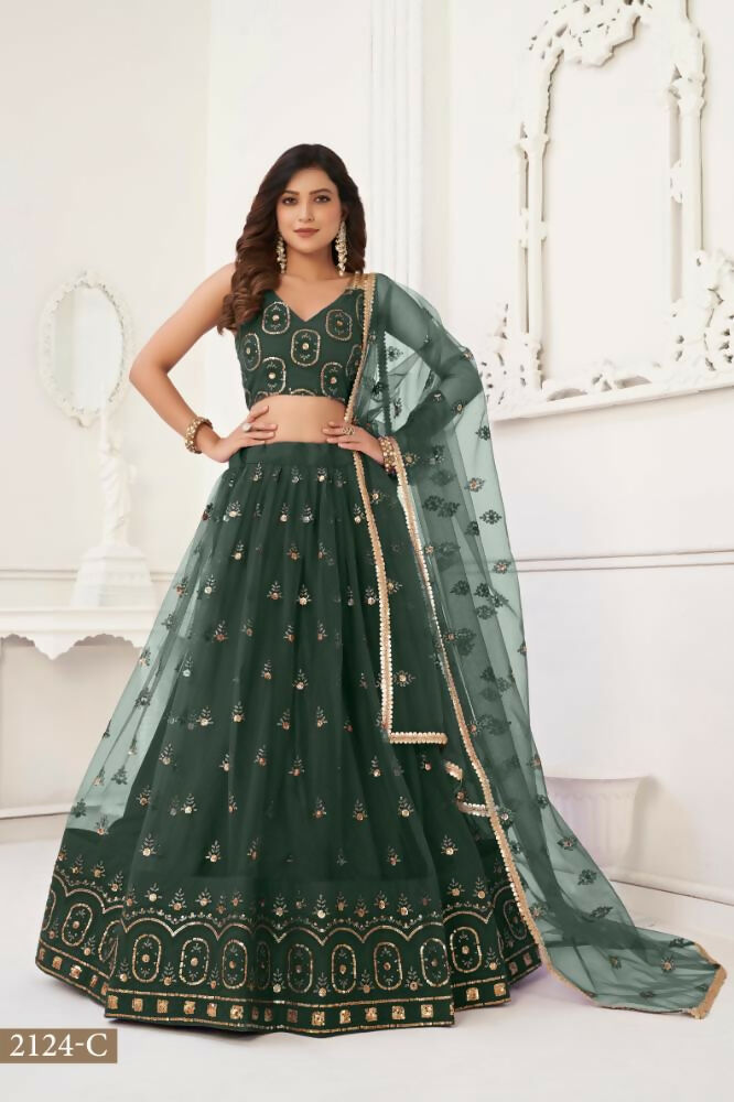 Aastha Fashion Dark Green Butterfly Net Tone To Tone Thread Work And Sandwich Sequence Work Embroidery Wedding Wear Lehenga Choli