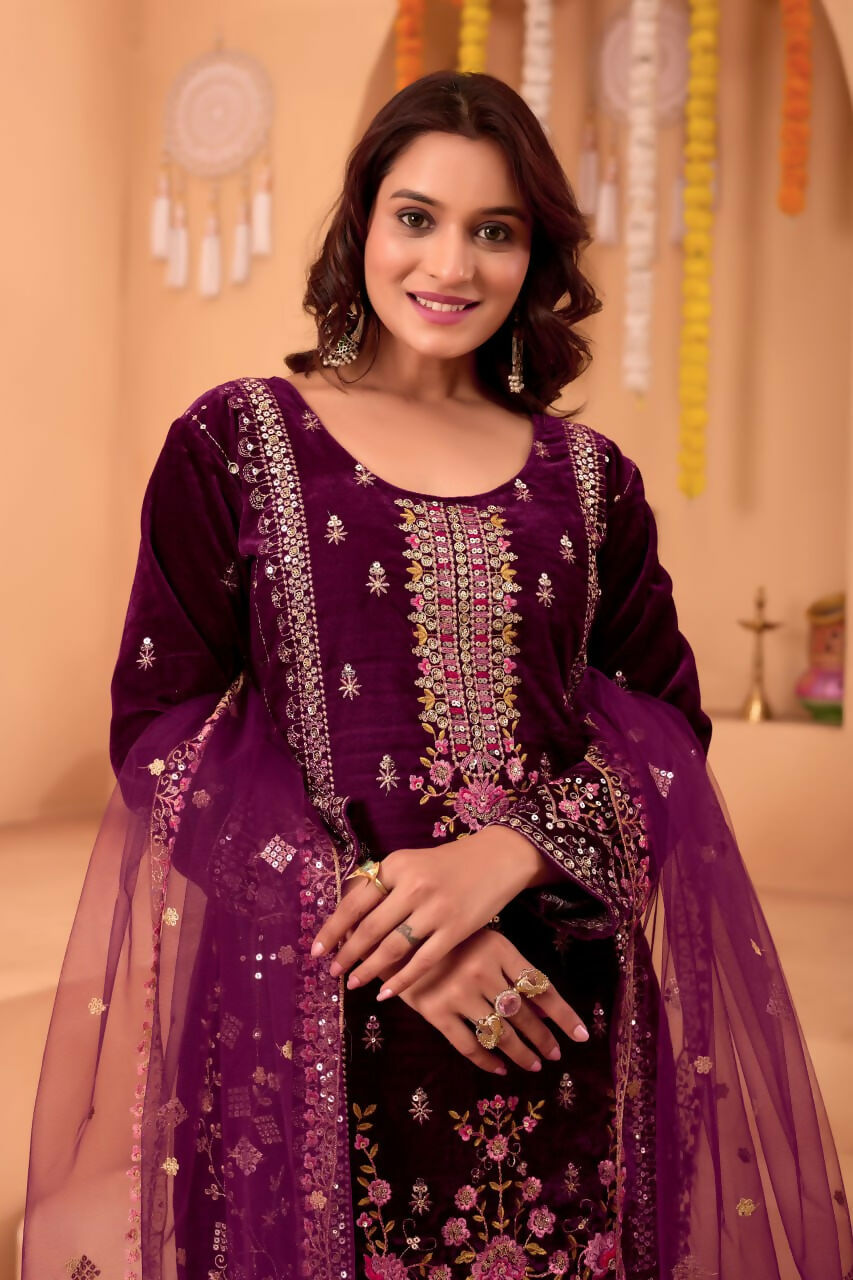 Joban Fashion Purple Kurta Set Velvet Embroidery Sequence Work