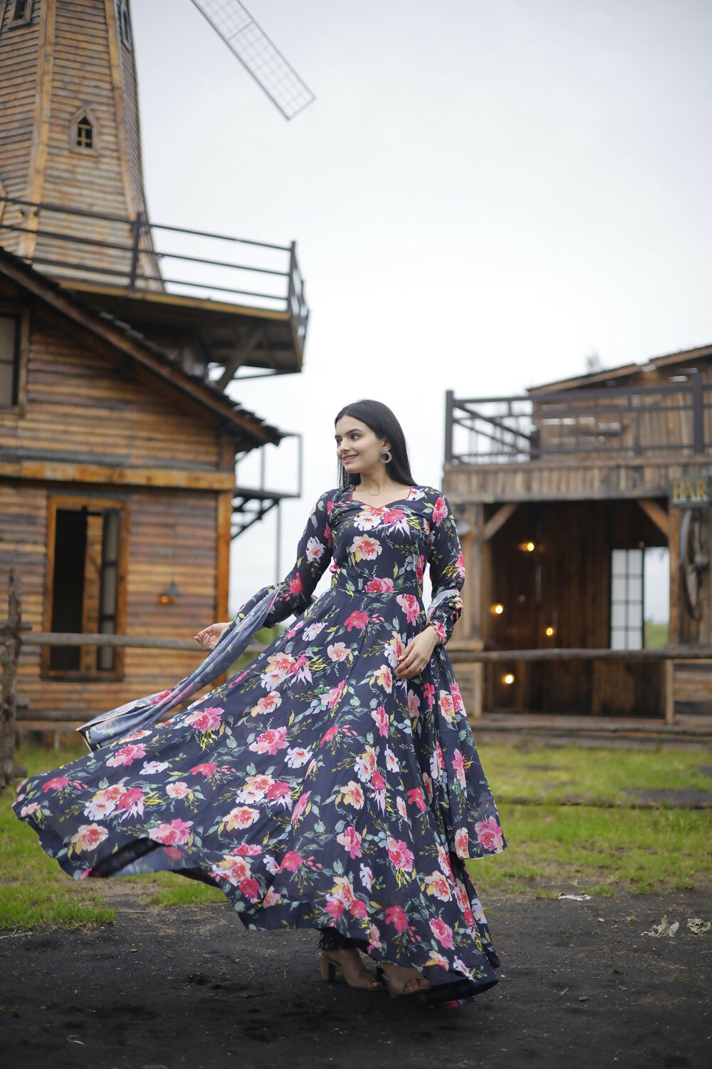 Aayaa Designer Printed Georgette Full Flare Gown With Dupatta - Multi Color