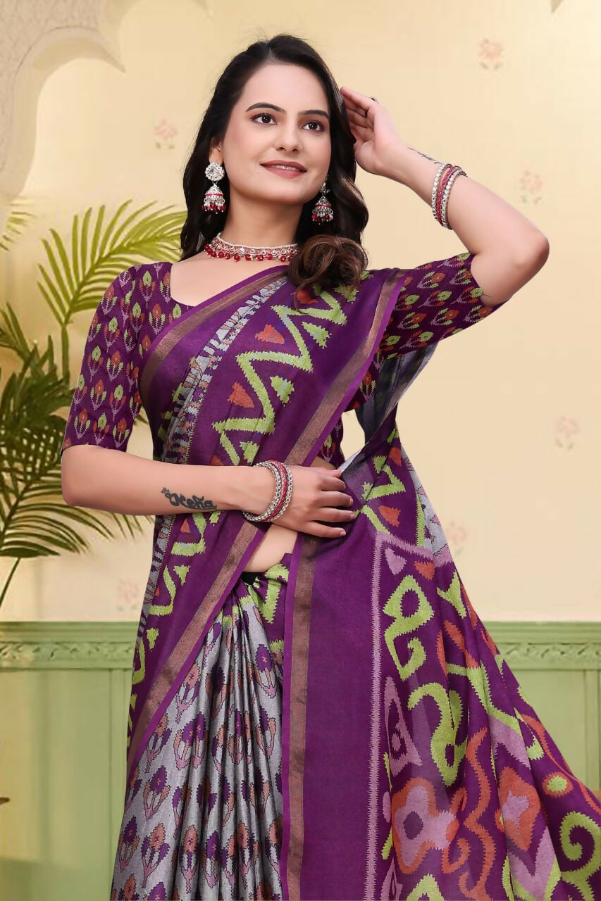 Prime Volt Mal Cotton Purple Ethnic Printed Saree with Designer Blouse Piece
