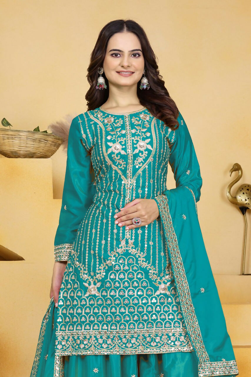 Teeya Creation Teal Color Natural Crepe Silk Wedding Wear Trending Palazzo Set