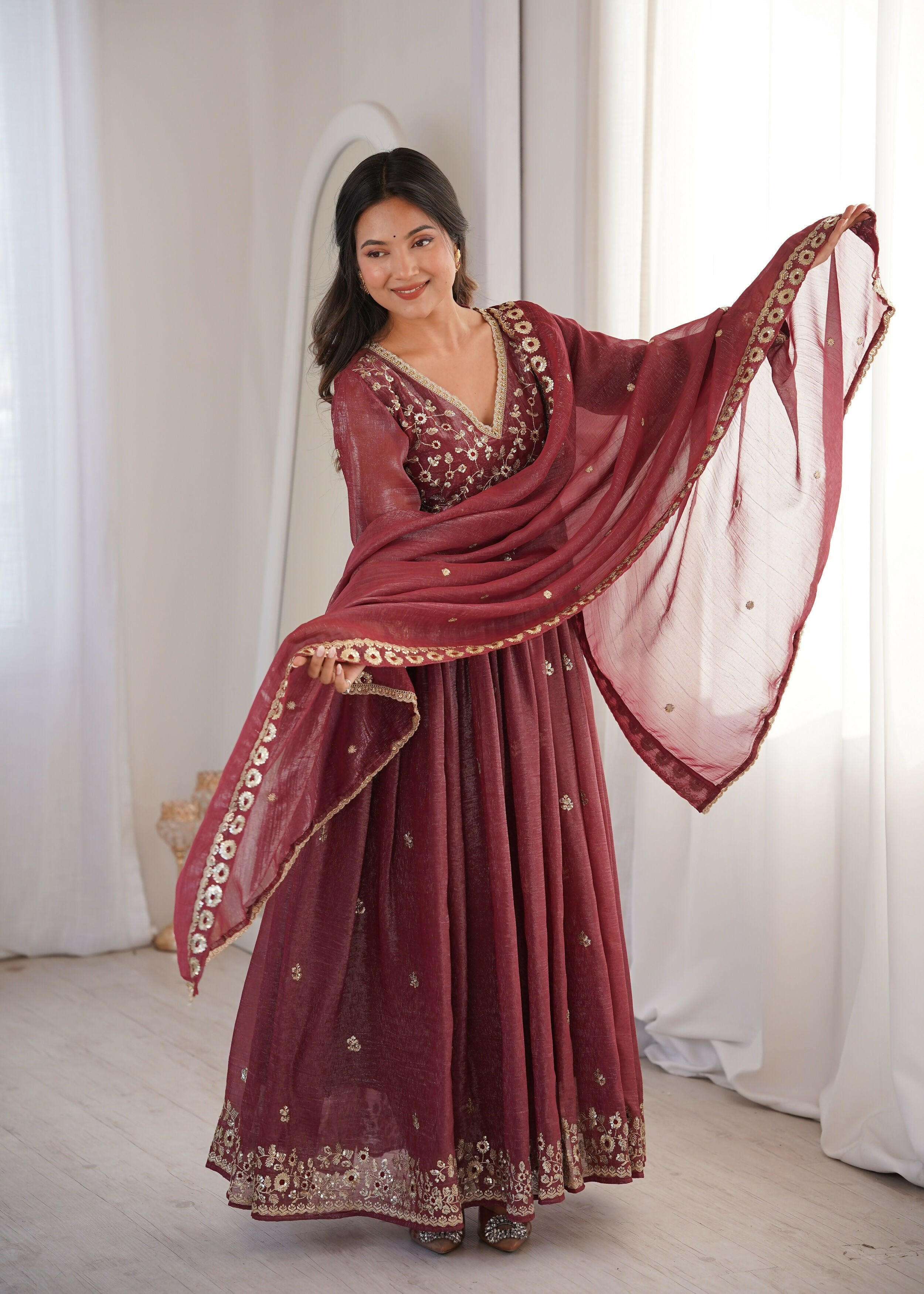 Teeya Creation Brown Crunchy Silk Wedding Wear Embroidery Work Design Gown
