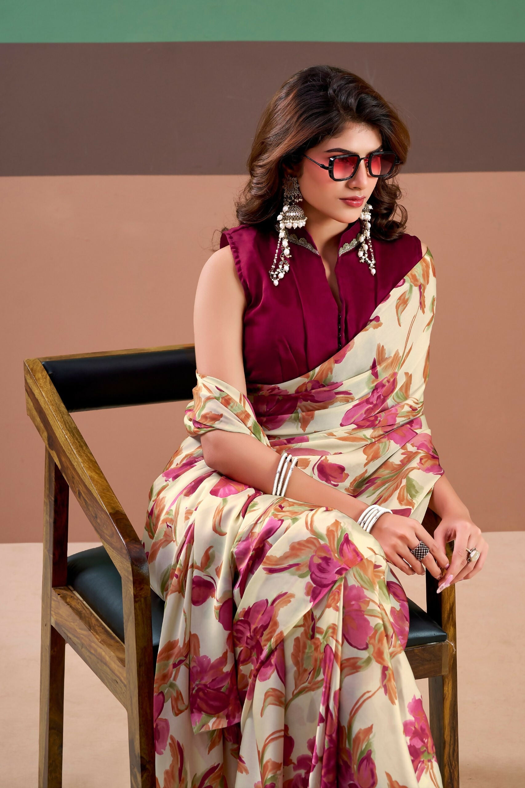 Vastranavya Pink Satin Silk Floral Printed Saree with Stitched Blouse