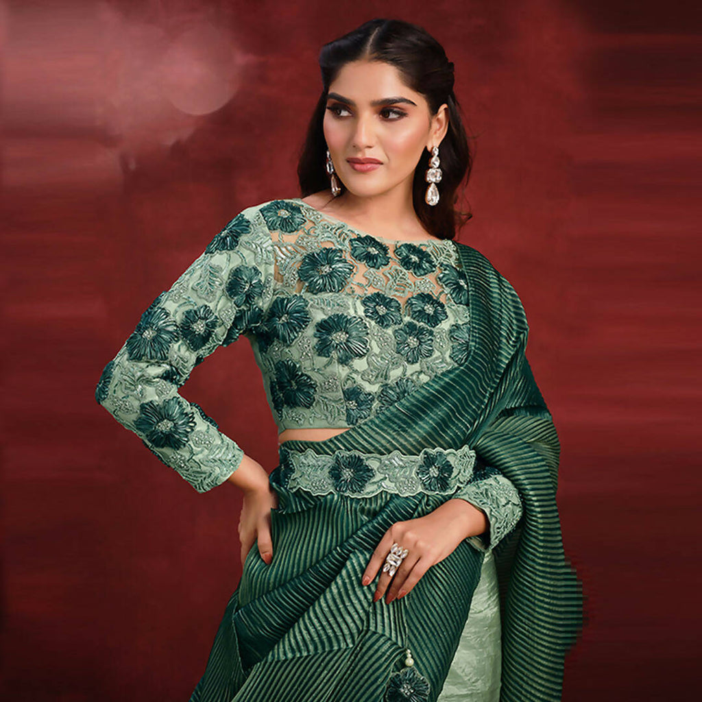 Sea Green Banarasi Crush Silk Sequence Thread & Stone Work/ Texture Pallu Saree - Mohmanthan Kimiya