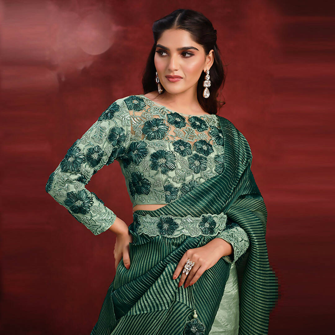 Sea Green Banarasi Crush Silk Sequence Thread & Stone Work/ Texture Pallu Saree - Mohmanthan Kimiya