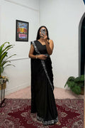 Teeya Creation Black Color Chinon Silk Wedding Wear Ready To Wear Saree With Koti