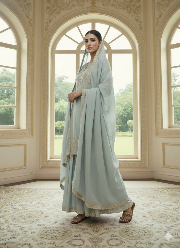Teeya Creation Mint Green Color Chinnon Silk Embroidery Work Wedding Wear Salwar Suit