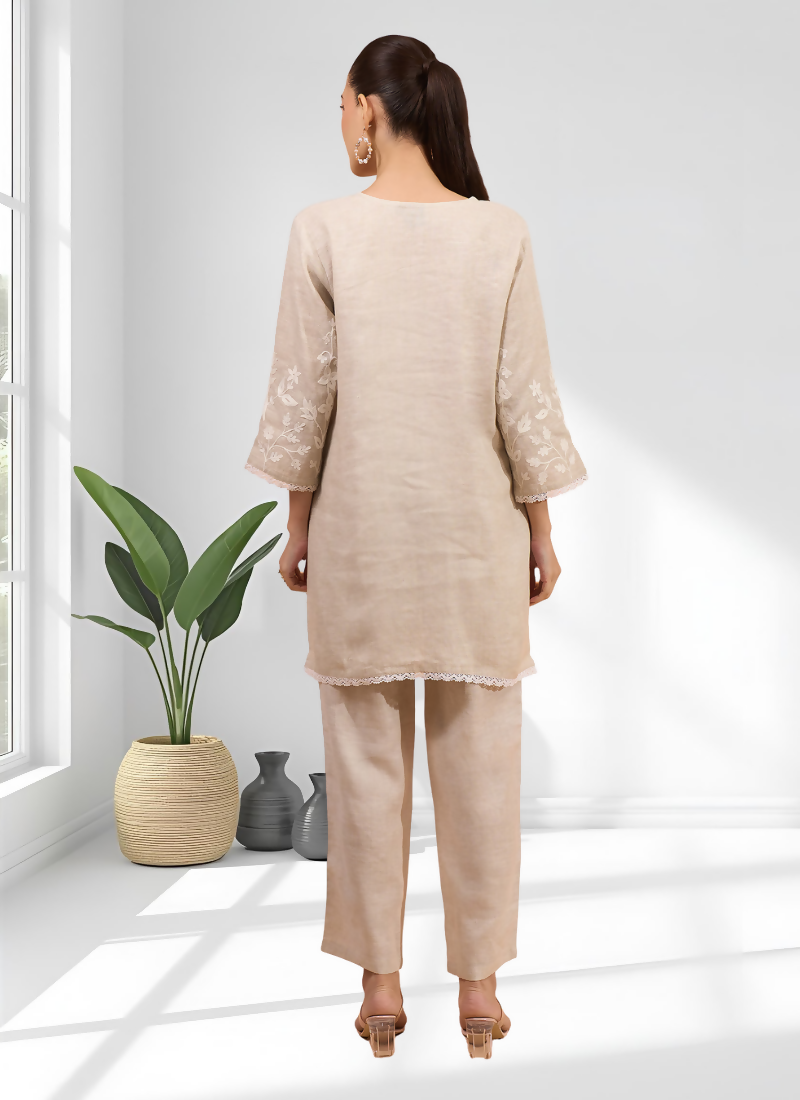 Joban Fashion Beige Linen Embroidered Readymade Cord Set