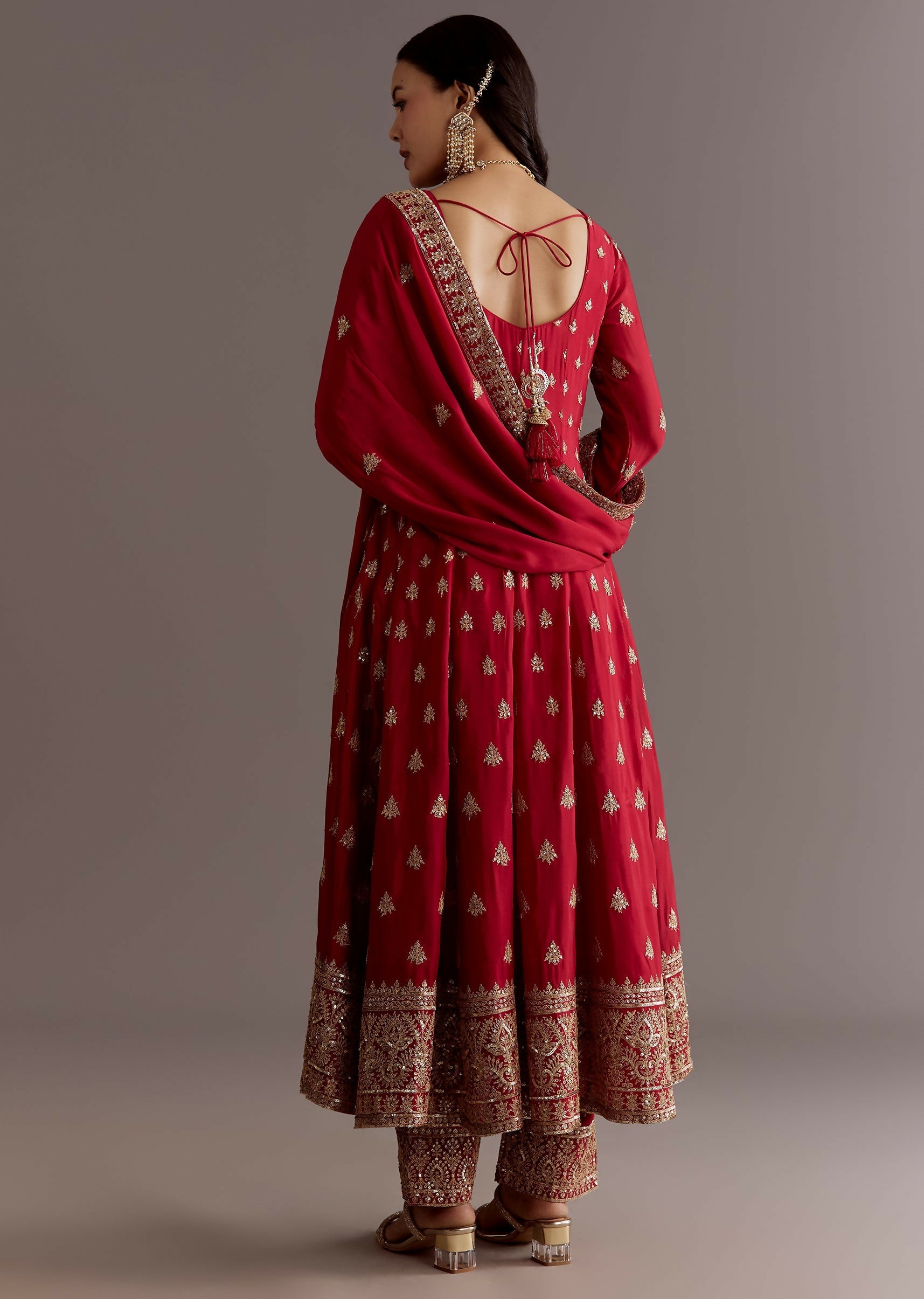 Teeya Creation Red Color Chinnon Silk Embroidery Work Gown