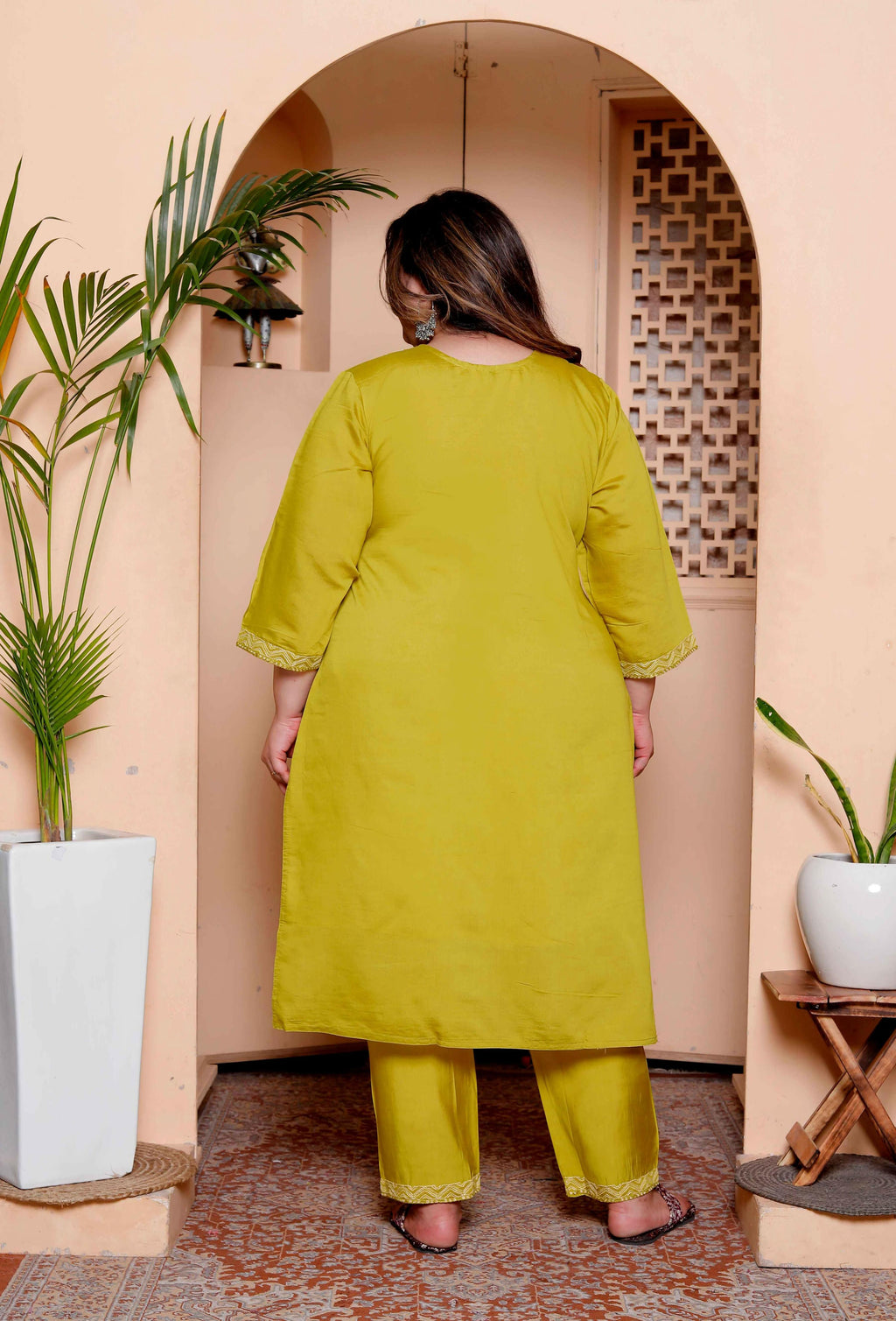 Miravan Womens Plus Size Muslin Yellow Kurta and Palazzo with Dupatta Set
