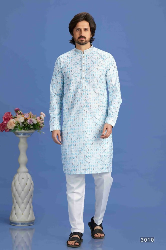 Raivat Ethnic Cotton Embroidery Kurta Pajama In Sky Blue Colour