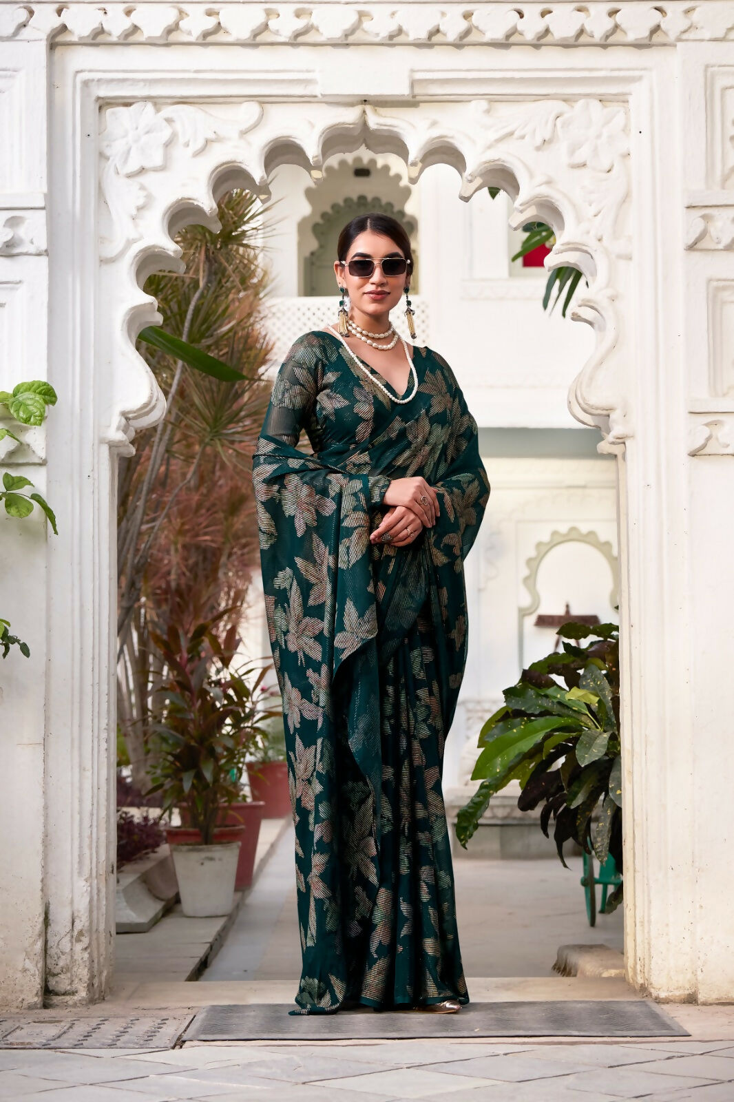 Vastranavya Bottle Green Lurex Brasso Floral Printed Saree with Unstitched Blouse