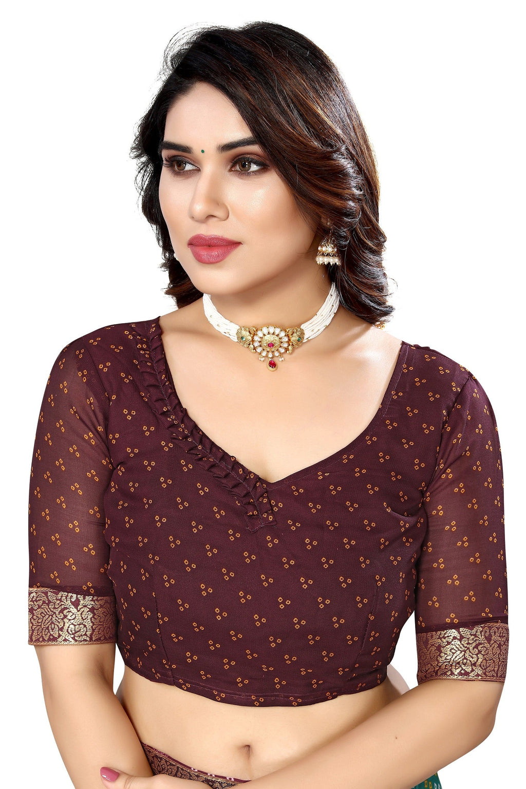 Vamika Brown Georgette Printed With Lace Saree
