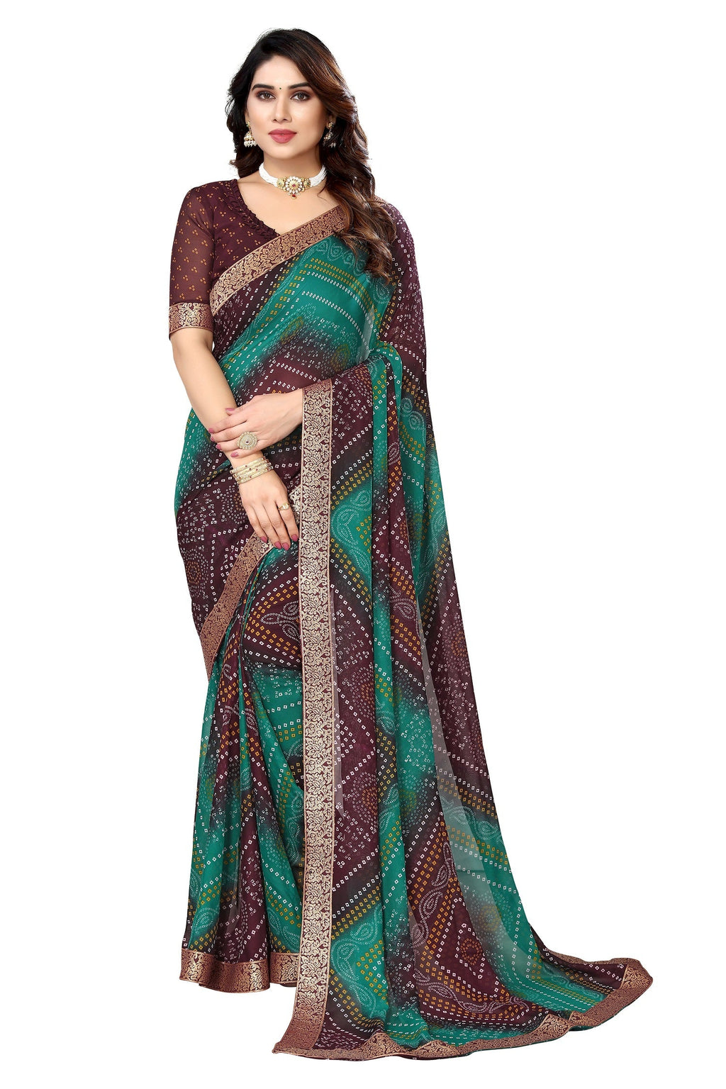 Vamika Brown Georgette Printed With Lace Saree