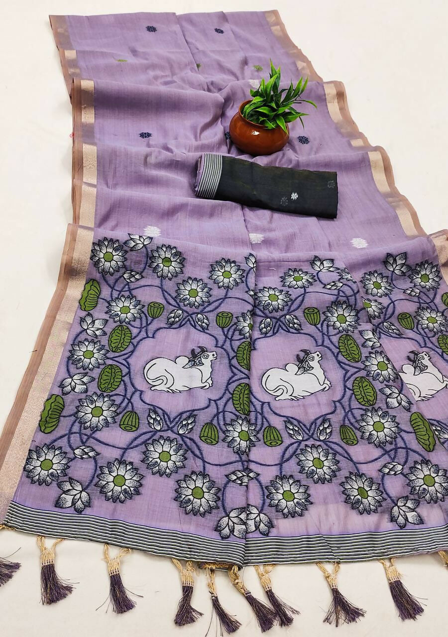 Vastranavya Lavender Muga Cotton Meenakari & Azarakh Pallu Saree with Contrast Blouse